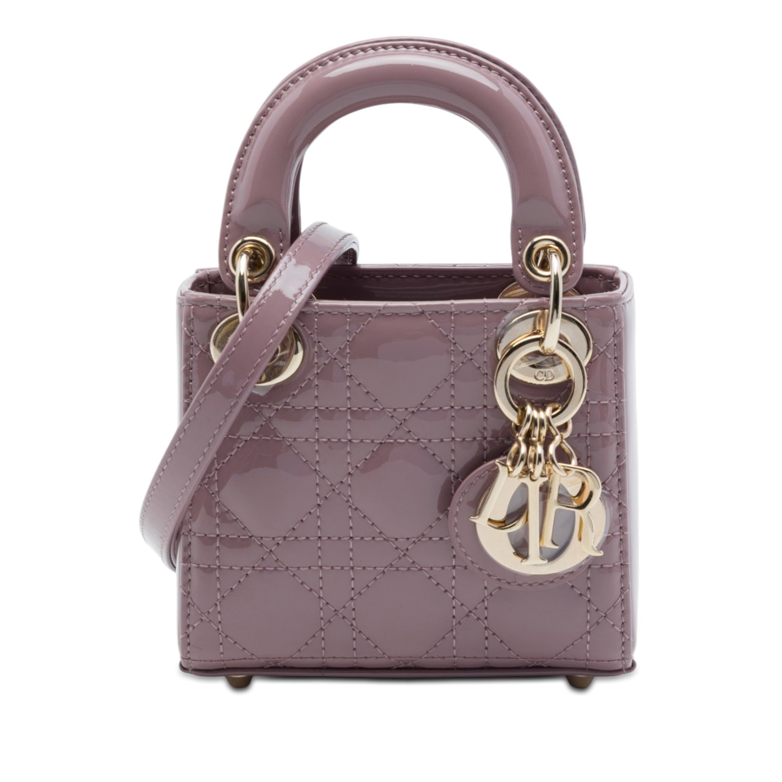 Dior Lady Dior Micro Cannage Patent Leather Bag Pink: Dior Lady Dior Micro Cannage Patent Leather Bag Pink A compact Lady Dior bag in pink patent leather with the signature Cannage quilted design. This micro-size style features flat top handles, a detach