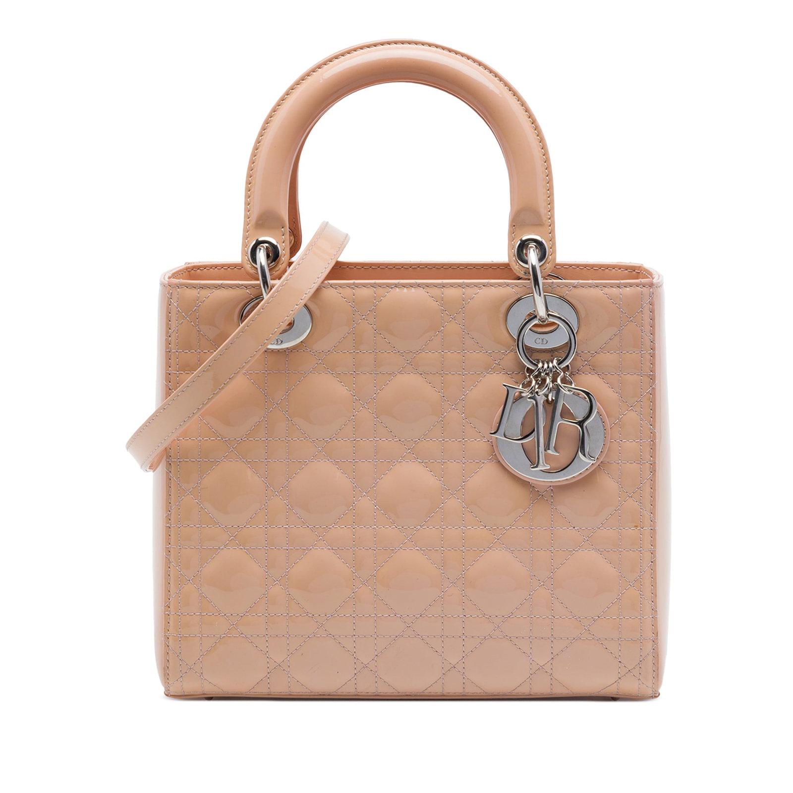 Dior Lady Dior Medium Cannage Patent Leather Handbag Brown: Dior Lady Dior Medium Cannage Patent Leather Handbag Brown Medium Lady Dior bag in brown with Cannage styling. This bag features a nylon body, structured leather handles, a detachable flat strap, a to