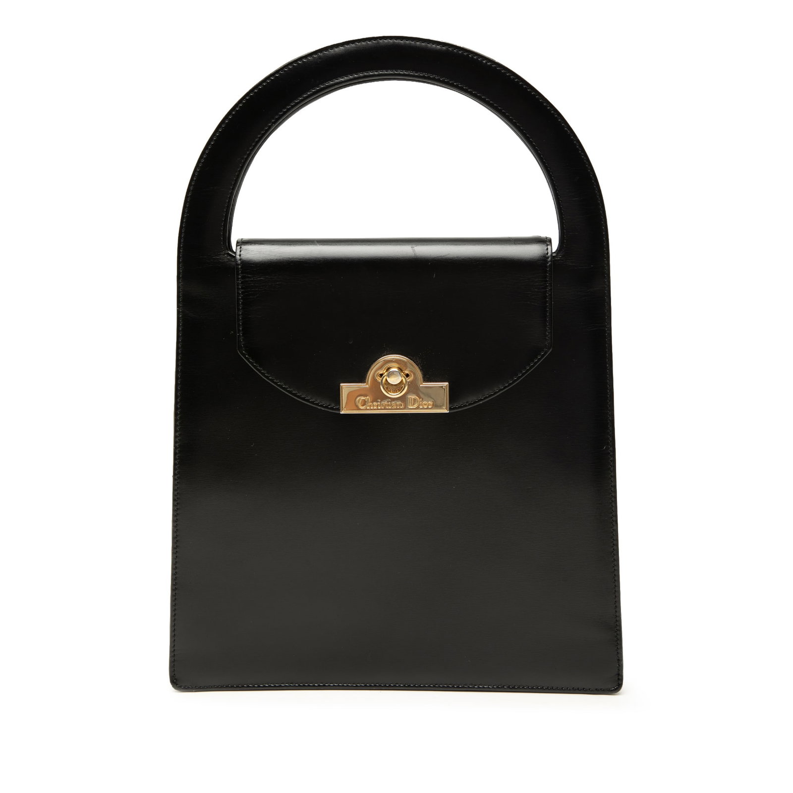 Black Leather Flap Handbag by Dior with Interior Zip Pocket: Black Leather Flap Handbag by Dior with Interior Zip Pocket Dior leather handbag with a structured flap-front design and flip-lock closure. The bag features a leather body, a flat leather handle, and 