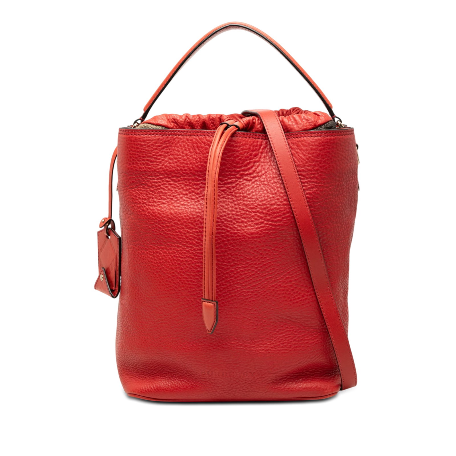Burberry Ashby Bucket Bag in House Check Canvas and Calfskin: Burberry Ashby Bucket Bag in House Check Canvas and Calfskin Burberry Ashby bucket bag crafted with a leather body and House Check panels. It features a flat leather handle, a detachable flat leather 