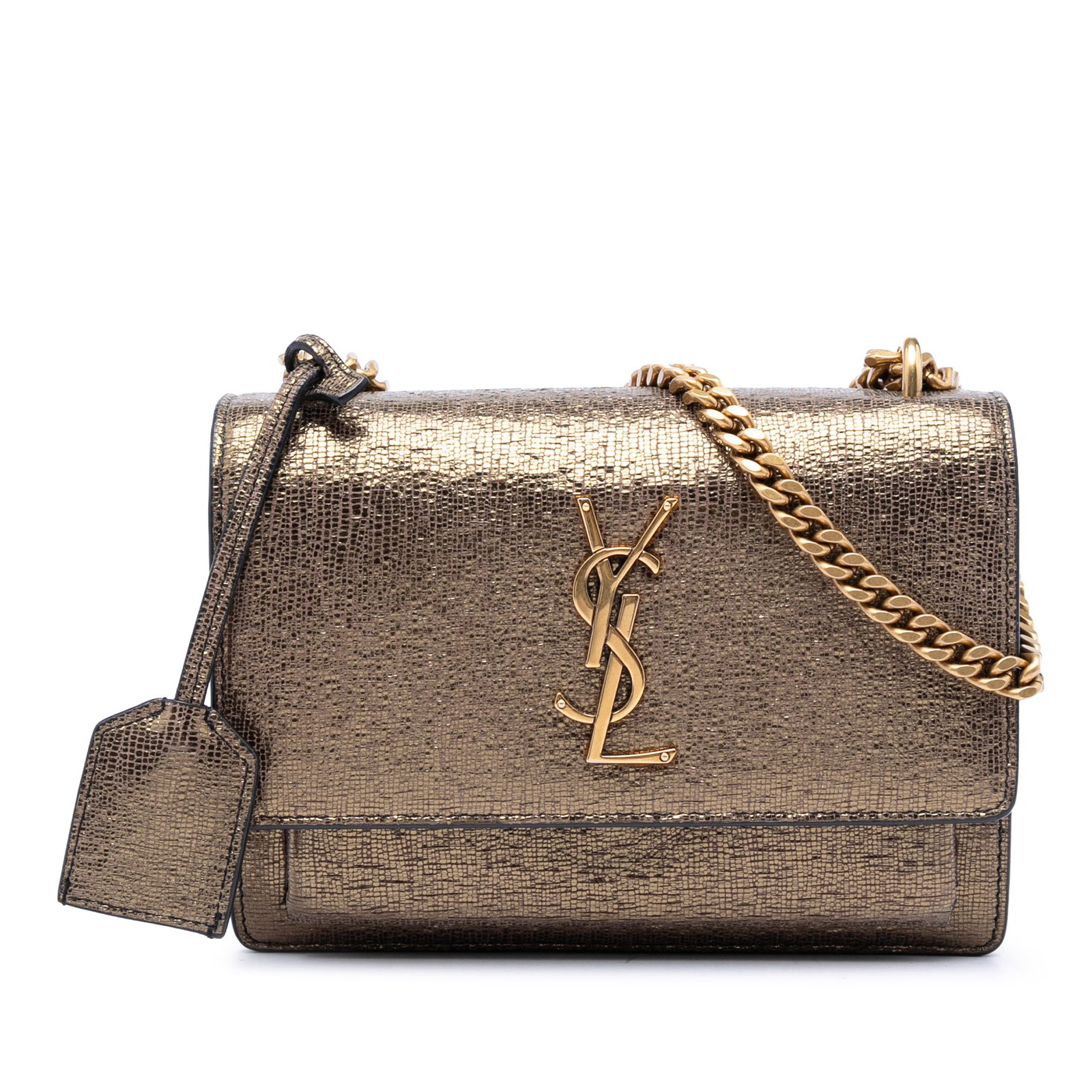 Saint Laurent Sunset Small Metallic Lizard Embossed Leather Crossbody Bag: Saint Laurent Sunset Small Metallic Lizard Embossed Leather Crossbody Bag Saint Laurent Small Metallic Lizard Embossed Leather Monogram Sunset Crossbody in gold leather. This bag features a croc embos
