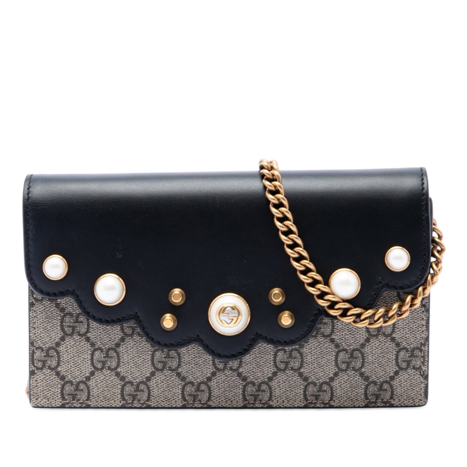 Gucci Peony Pearly Wallet on Chain in GG Supreme Canvas: Gucci Peony Pearly Wallet on Chain in GG Supreme Canvas Gucci GG Supreme Peony Pearly Wallet on Chain with a coated canvas body and an embellished leather flap. This wallet-on-chain features a magneti