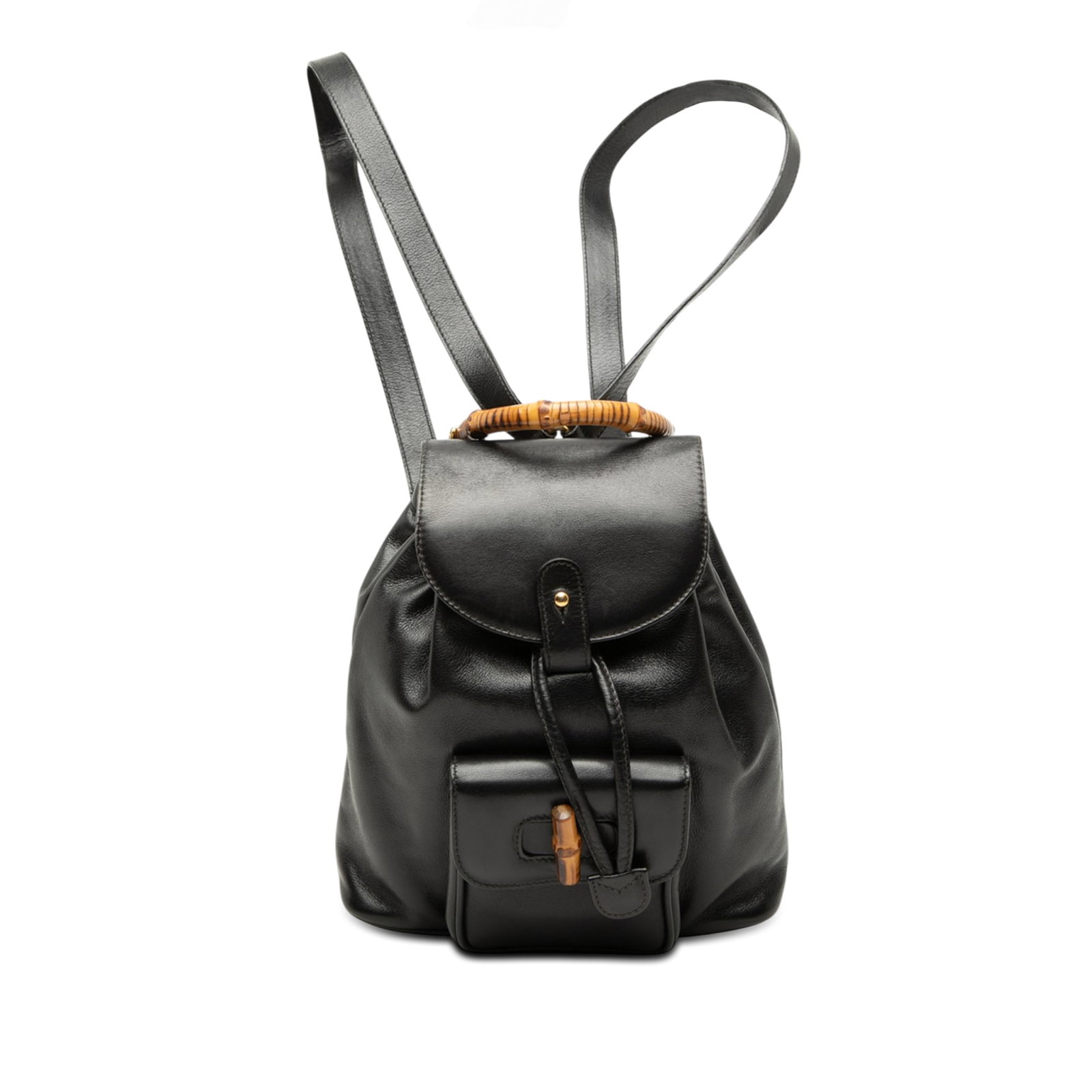 Gucci Calfskin Bamboo Drawstring Leather Backpack Black: Gucci Calfskin Bamboo Drawstring Leather Backpack Black Gucci calfskin bamboo drawstring backpack crafted in black leather with the brand's signature bamboo top handle. The design includes flat leathe