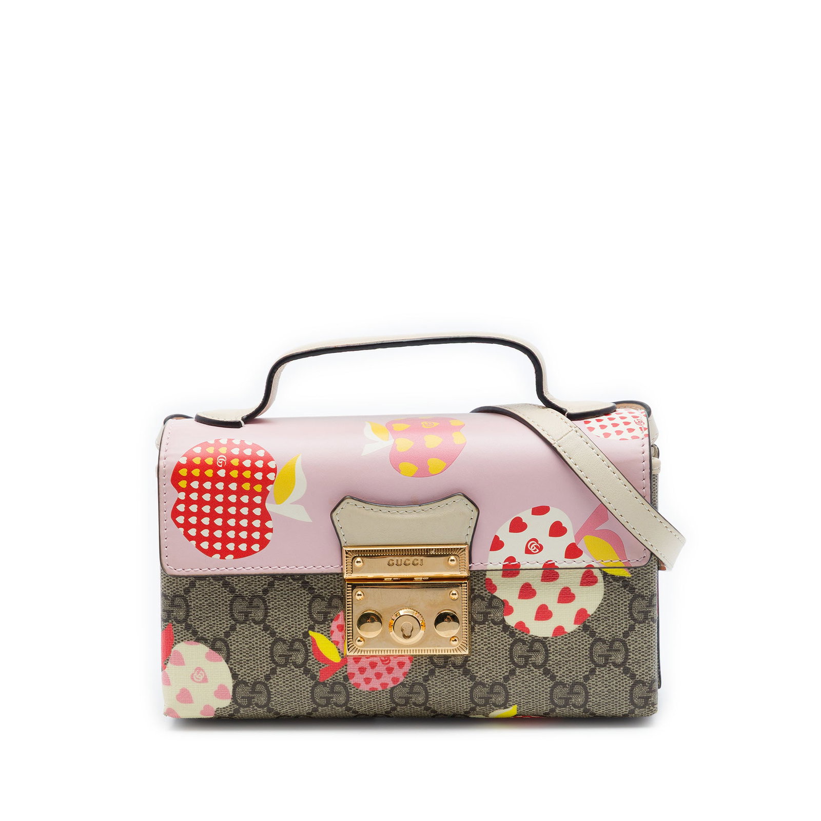 Gucci Les Pommes Padlock Mini Satchel in GG Supreme Monogram: Gucci Les Pommes Padlock Mini Satchel in GG Supreme Monogram Gucci Mini GG Supreme Monogram Les Pommes Padlock Satchel with a printed coated canvas body and leather trim. The bag features a flat leath