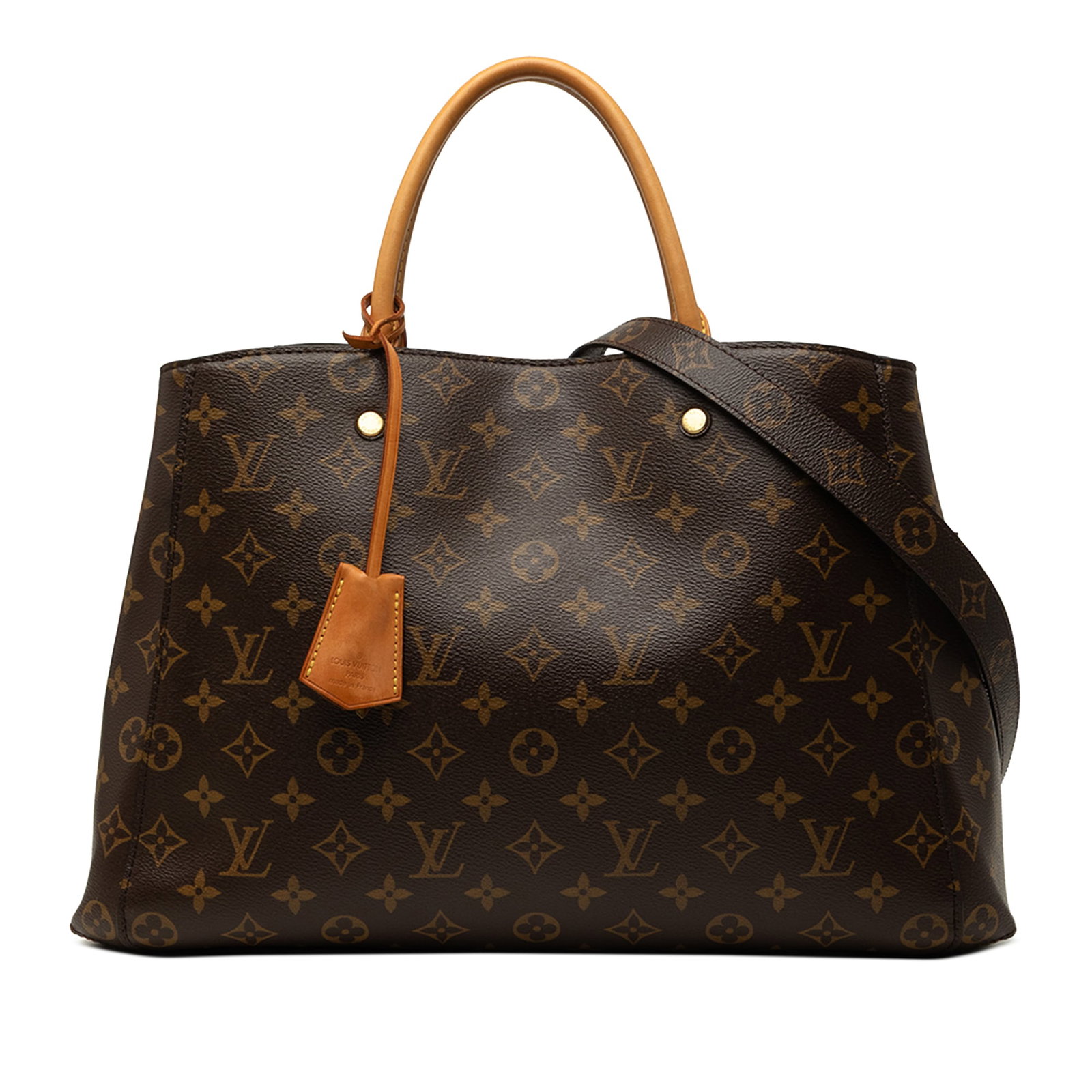 Louis Vuitton Montaigne GM Monogram Canvas Shoulder Bag: Louis Vuitton Montaigne GM Monogram Canvas Shoulder Bag Louis Vuitton Monogram Montaigne GM handbag crafted with a monogram canvas body, rolled vachetta leather top handles, and a detachable monogram 