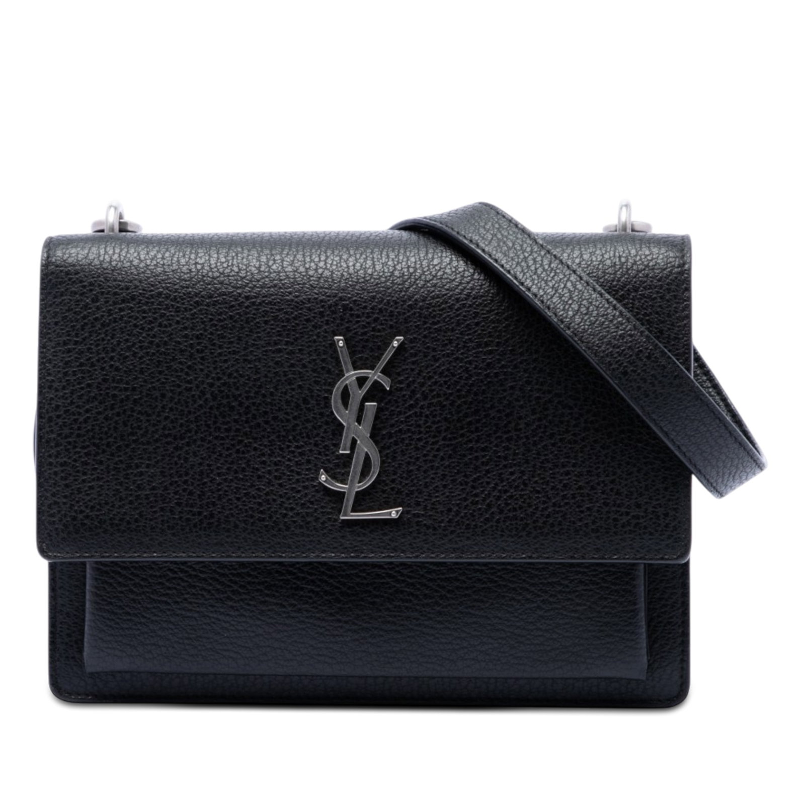 Black Leather Crossbody Bag Saint Laurent Sunset Monogram Medium: Black Leather Crossbody Bag Saint Laurent Sunset Monogram Medium Saint Laurent Medium Monogram Sunset crossbody bag crafted in grained calfskin leather. This structured design features a chain-link sh