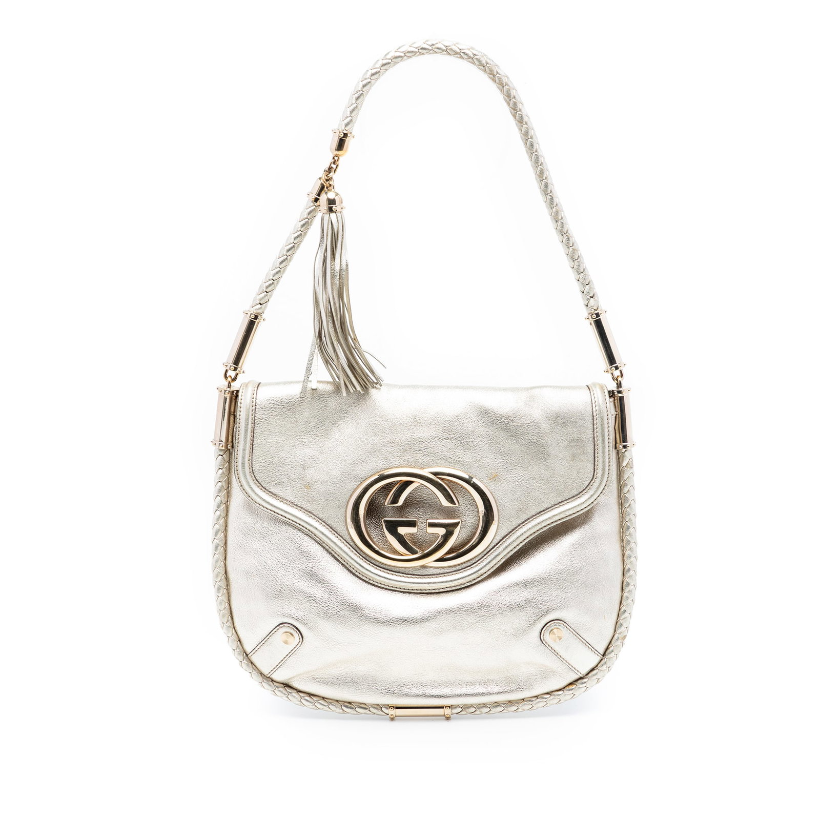 Gold Leather Britt Shoulder Bag with Braided Strap and Tassel by Gucci: Gold Leather Britt Shoulder Bag with Braided Strap and Tassel by Gucci This Gucci Medium Metallic Calfskin Britt Tassel Flap Shoulder Bag features a gold-tone leather body, a braided strap with tassel