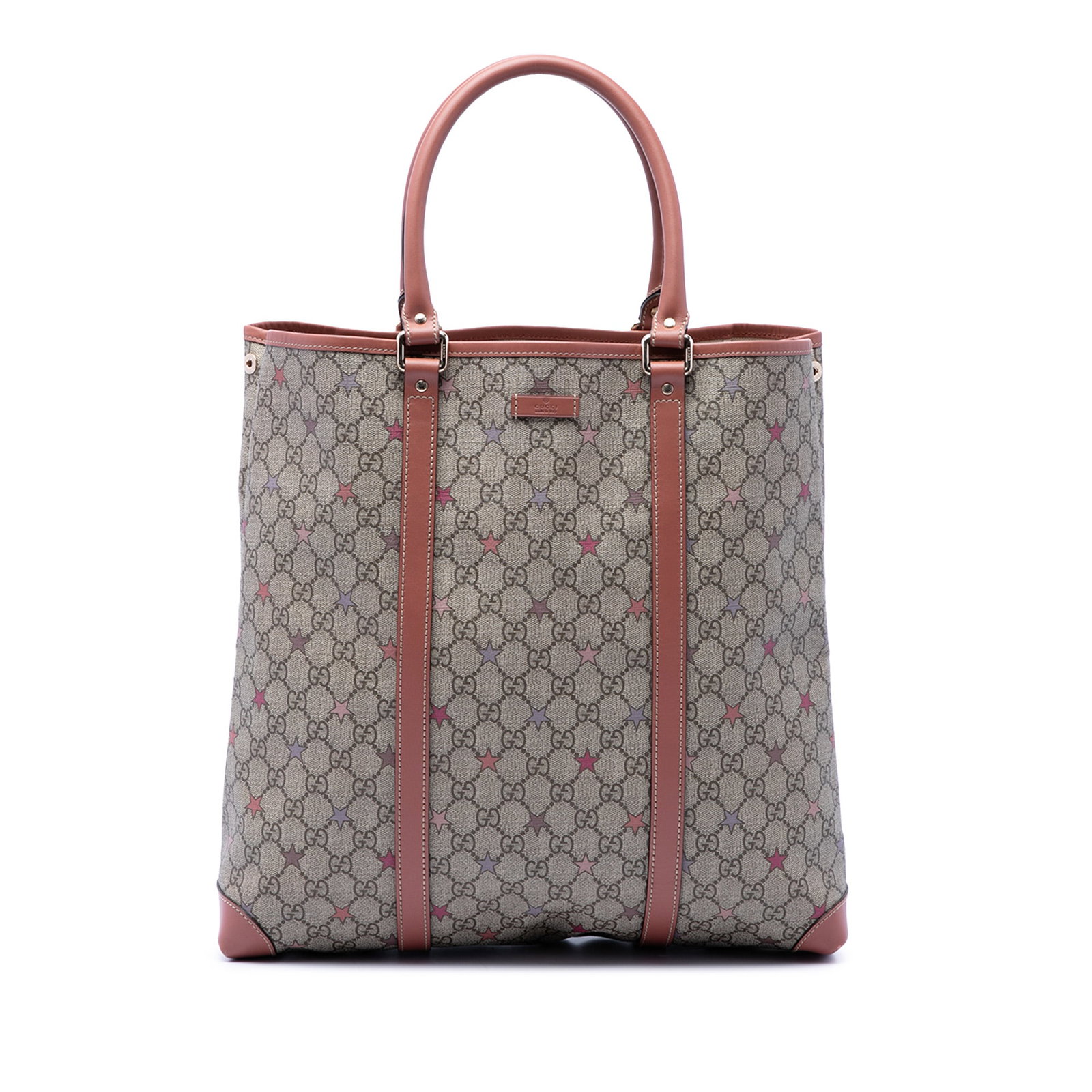 Gucci GG Supreme Star Joy Tote Beige Coated Canvas Vertical Bag: Gucci GG Supreme Star Joy Tote Beige Coated Canvas Vertical Bag Gucci GG Supreme Star Joy Vertical Tote in beige with a coated canvas body and leather trim. This tote features rolled leather handles, 