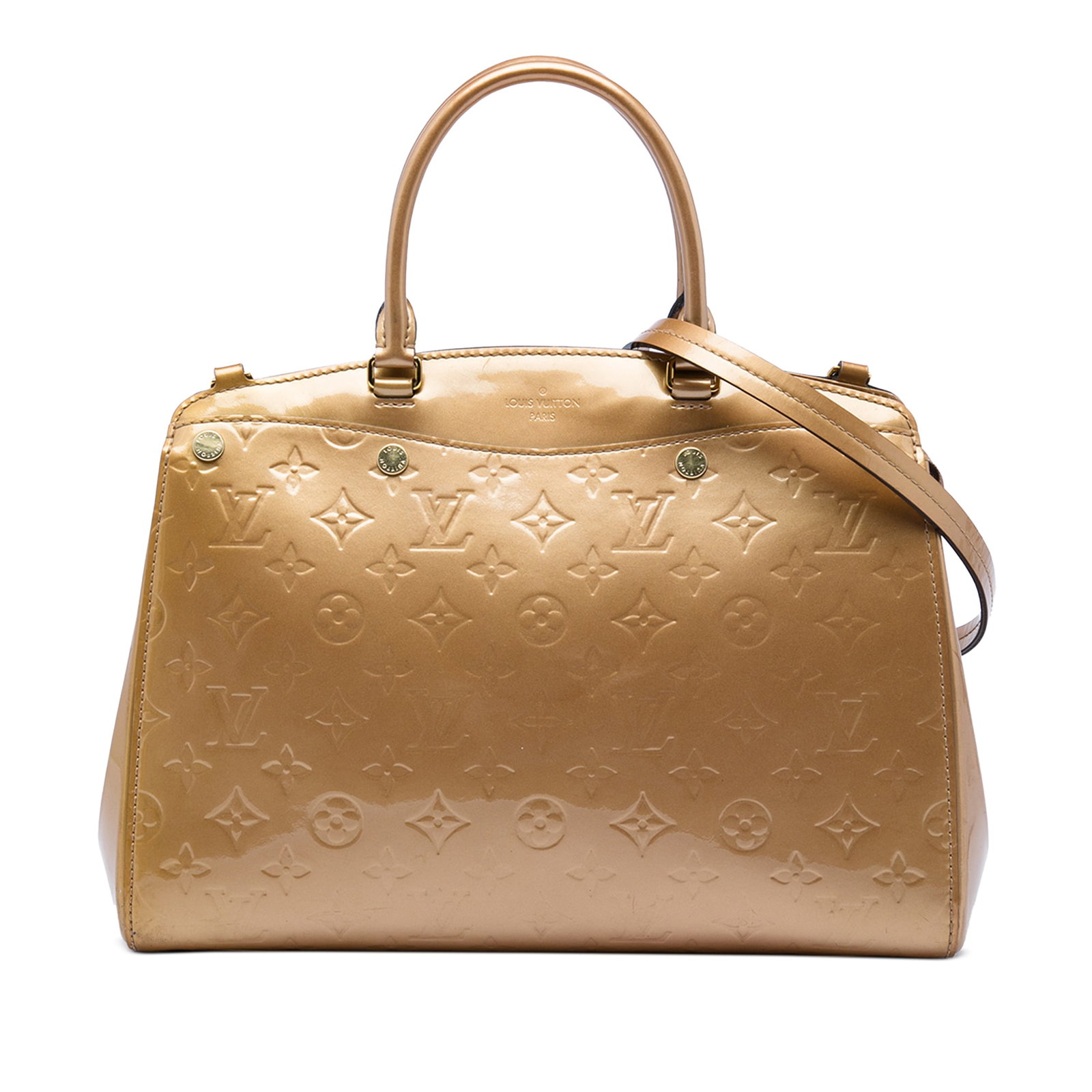 Louis Vuitton Brea MM Monogram Vernis leather handbag: Louis Vuitton Brea MM Monogram Vernis leather handbag Louis Vuitton Monogram Vernis Brea MM handbag in brown leather with rolled top handles, a detachable flat shoulder strap, top zip closure, and int