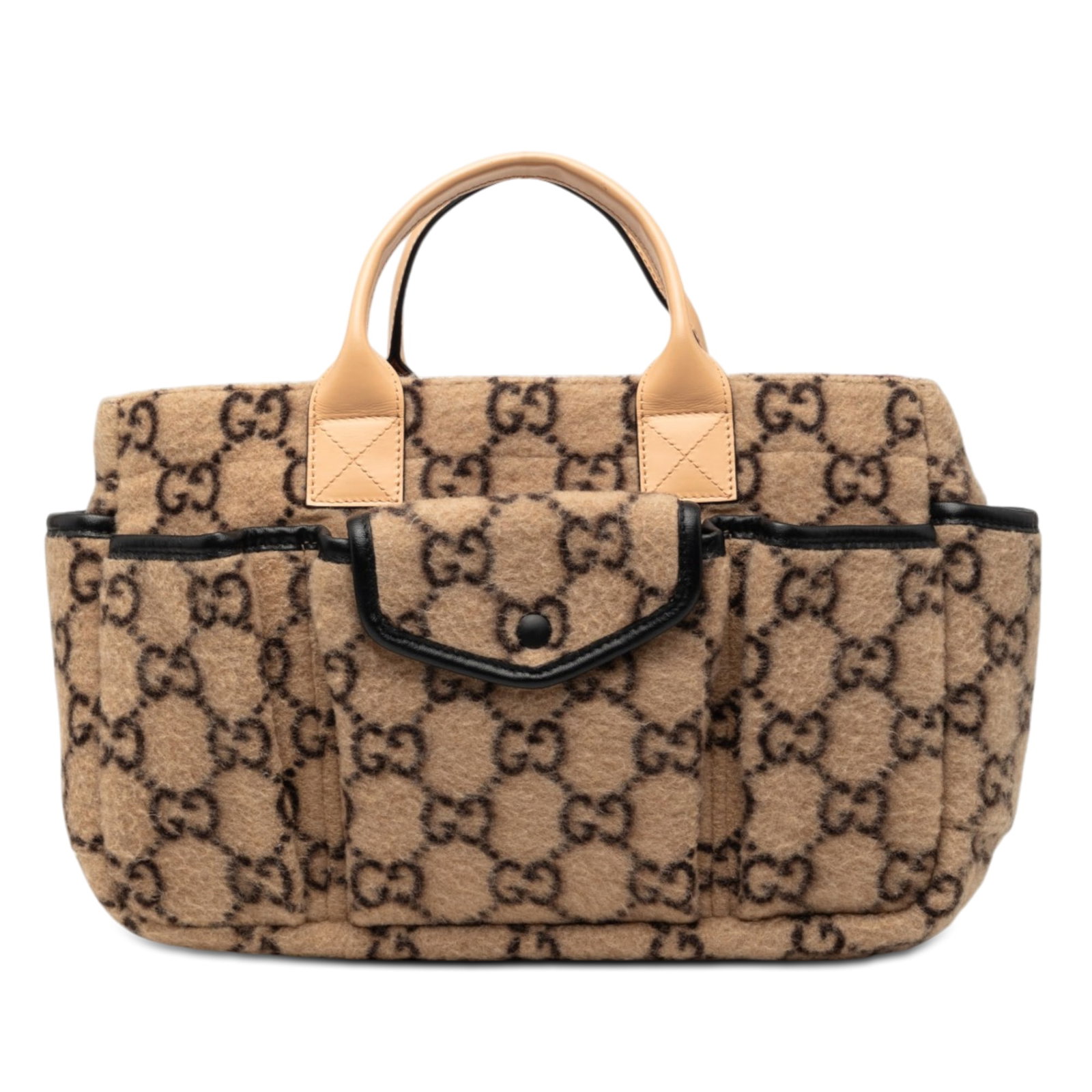 Gucci beige wool kids pocket handbag Italy: Gucci beige wool kids pocket handbag Italy This Gucci GG Wool Children's Pocket Handbag features a wool body with leather trim, flat leather handles, an open top, exterior slip and flap pockets, and a