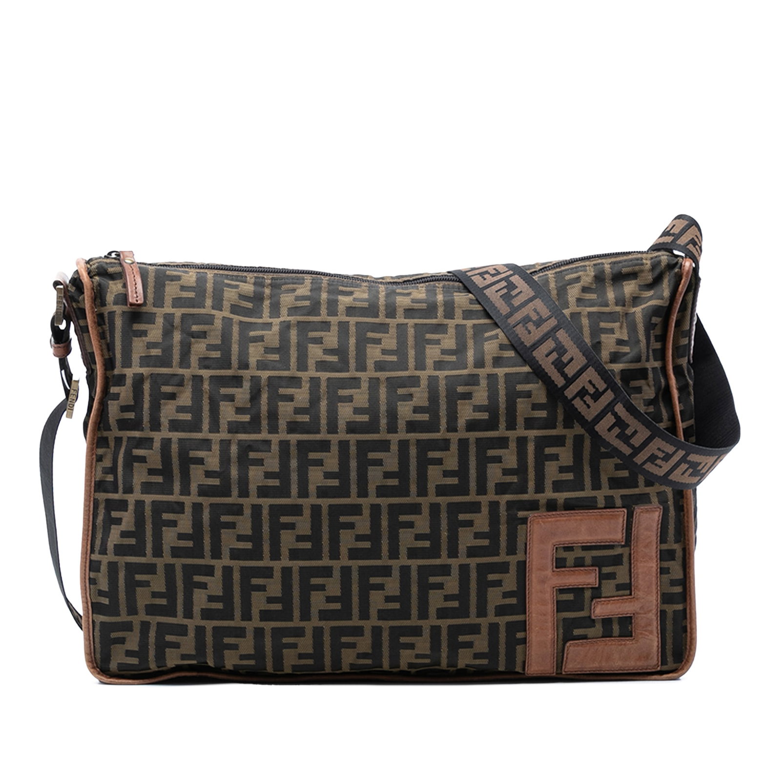 Fendi Zucca Pattern Brown Canvas Crossbody Bag with Leather Trim: Fendi Zucca Pattern Brown Canvas Crossbody Bag with Leather Trim This Fendi Zucca Canvas Crossbody bag features a brown canvas body with leather trim, a flat canvas strap, a top two-way zip closure, a