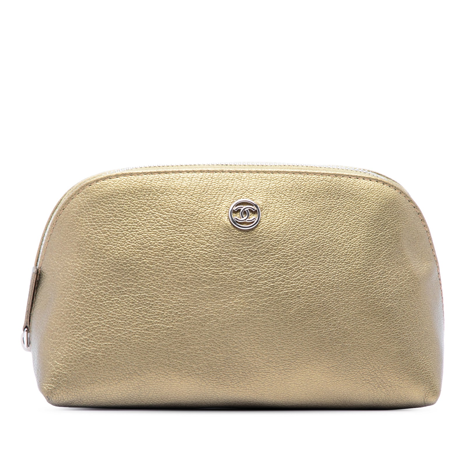 Chanel CC Calfskin Cosmetic Pouch in Metallic Gold Leather: Chanel CC Calfskin Cosmetic Pouch in Metallic Gold Leather Chanel CC Metallic Calfskin Cosmetic Pouch in gold metallic leather with a top zip closure. Made in Italy, this compact pouch shows visible w