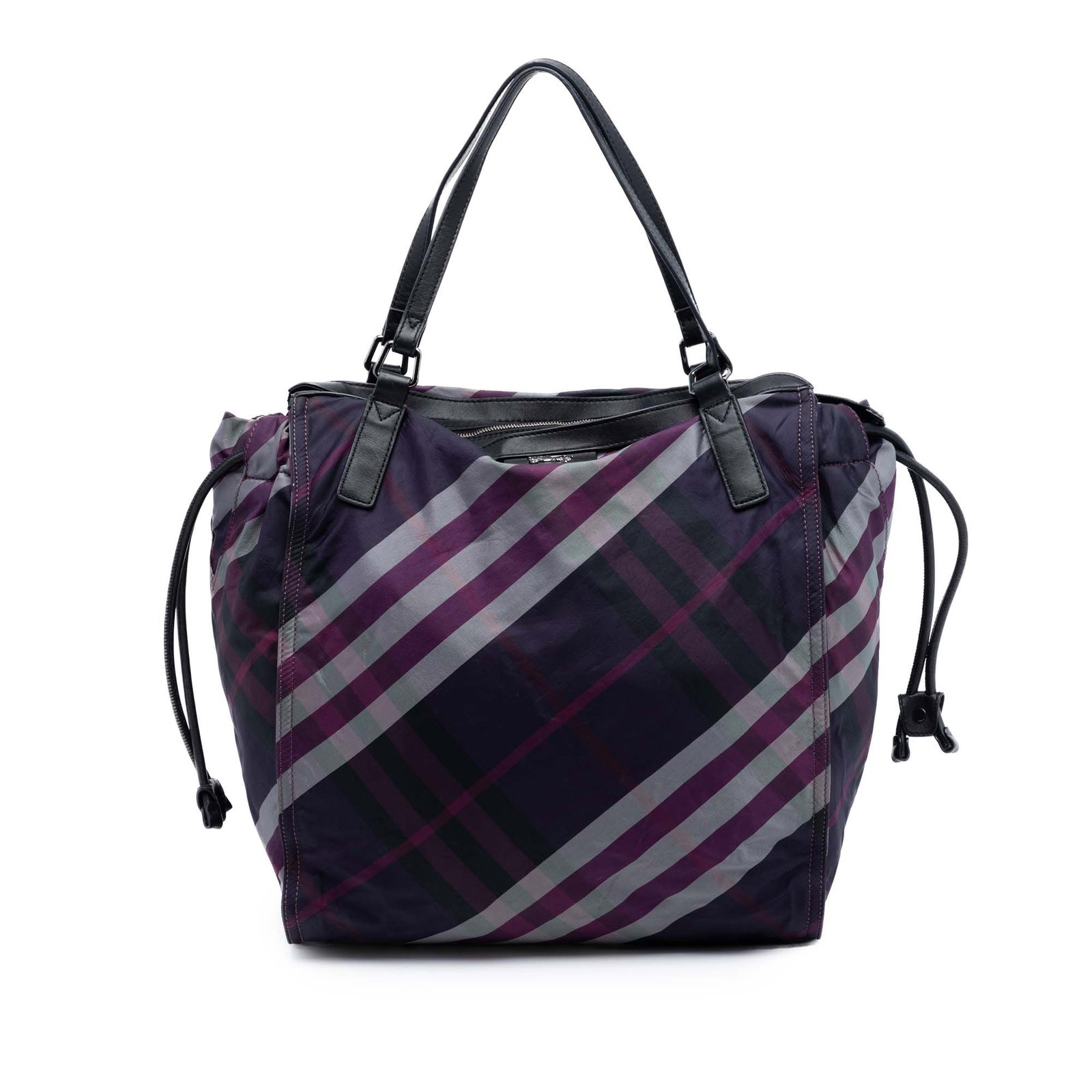 Burberry Buckleigh Tote Bag with Supernova Check Nylon and Leather Trim: Burberry Buckleigh Tote Bag with Supernova Check Nylon and Leather Trim This Burberry Buckleigh tote features the iconic Supernova check pattern on a printed nylon body with leather trim. The bag is d