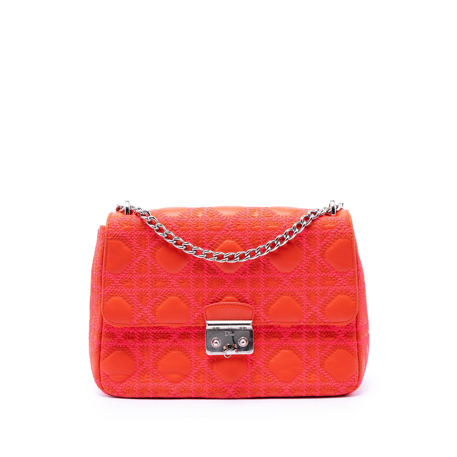 Dior Miss Dior Medium Flap Shoulder Bag Orange Lambskin Cannage: Dior Miss Dior Medium Flap Shoulder Bag Orange Lambskin Cannage Medium Miss Dior flap shoulder bag in orange embroidered lambskin leather with the Cannage design. It features curb chain shoulder strap