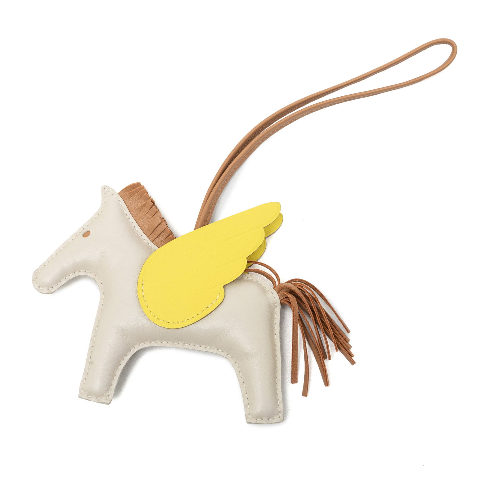 Hermes Grigri Rodeo Pegase MM bag charm in Milo lambskin and Swift: Hermes Grigri Rodeo Pegase MM bag charm in Milo lambskin and Swift Hermes Grigri Rodeo Pegase MM bag charm crafted in Milo lambskin and Swift leather. This accessory is made in France and includes the