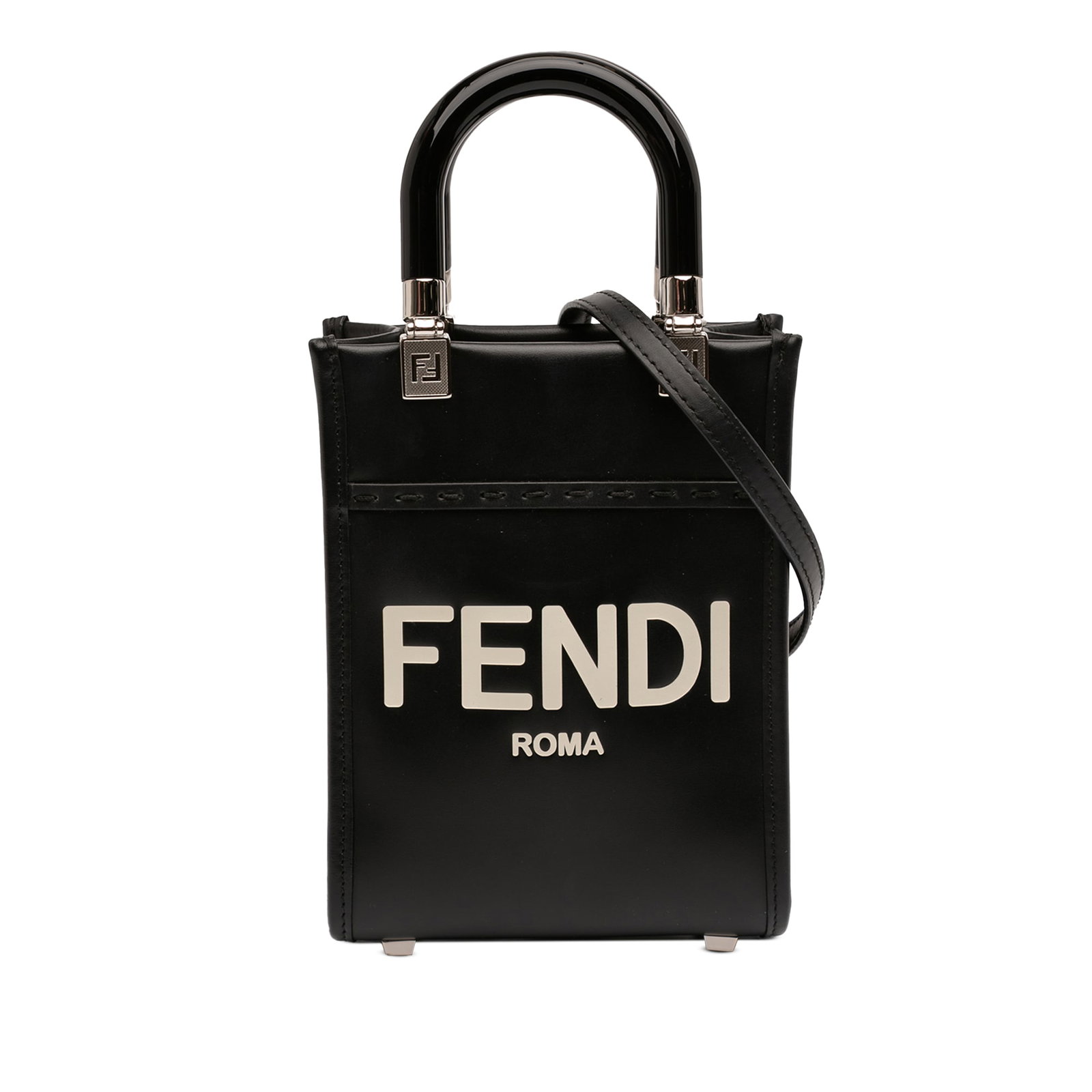 Fendi Mini Sunshine Shopper Black Leather Tote with Acrylic Handles: Fendi Mini Sunshine Shopper Black Leather Tote with Acrylic Handles This Fendi Mini Leather Sunshine Shopper Tote features a leather body in black, rolled acrylic top handles, a detachable flat leathe