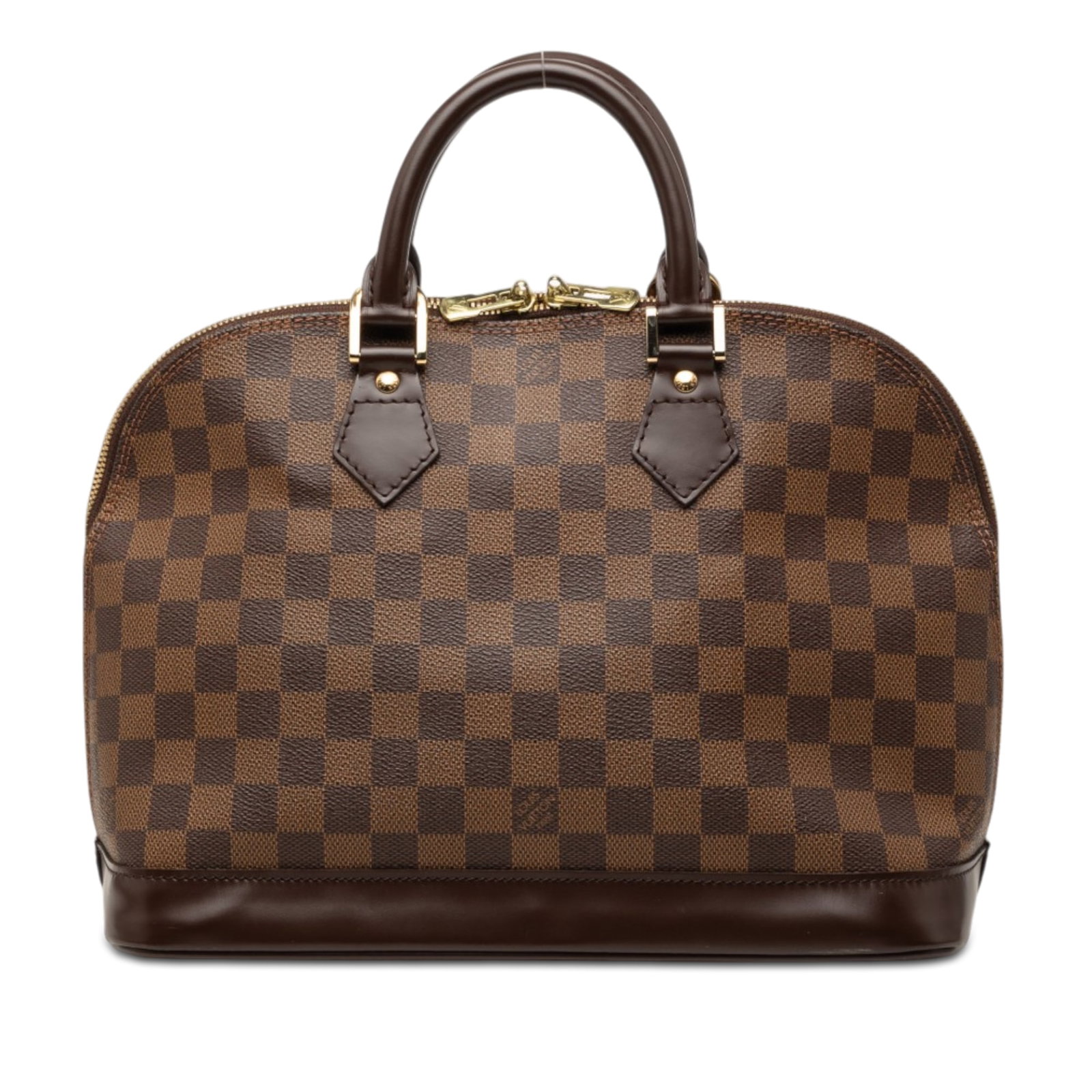 Louis Vuitton Alma MM Damier Ebene brown handbag: Louis Vuitton Alma MM Damier Ebene brown handbag Louis Vuitton Alma MM in Damier Ebene canvas with rolled leather handles, a zip-around closure, and interior slip pockets. Made in France. Condition AB