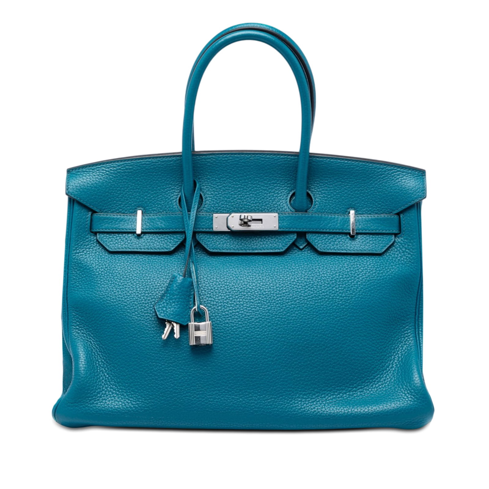 Hermes Birkin 35 Retourne Clemence Verso Blue Leather Bag: Hermes Birkin 35 Retourne Clemence Verso Blue Leather Bag Hermes Clemence Verso Birkin Retourne 35 bag in Bleu Izmir with a Mykonos interior. It features rolled leather handles, a front flap with turn