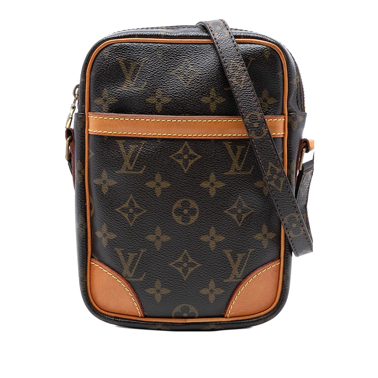 Louis Vuitton Danube Brown Monogram Canvas Crossbody Bag with Leather Trim: Louis Vuitton Danube Brown Monogram Canvas Crossbody Bag with Leather Trim The Louis Vuitton Monogram Danube features a monogram canvas body with leather trim, an adjustable flat leather strap with le