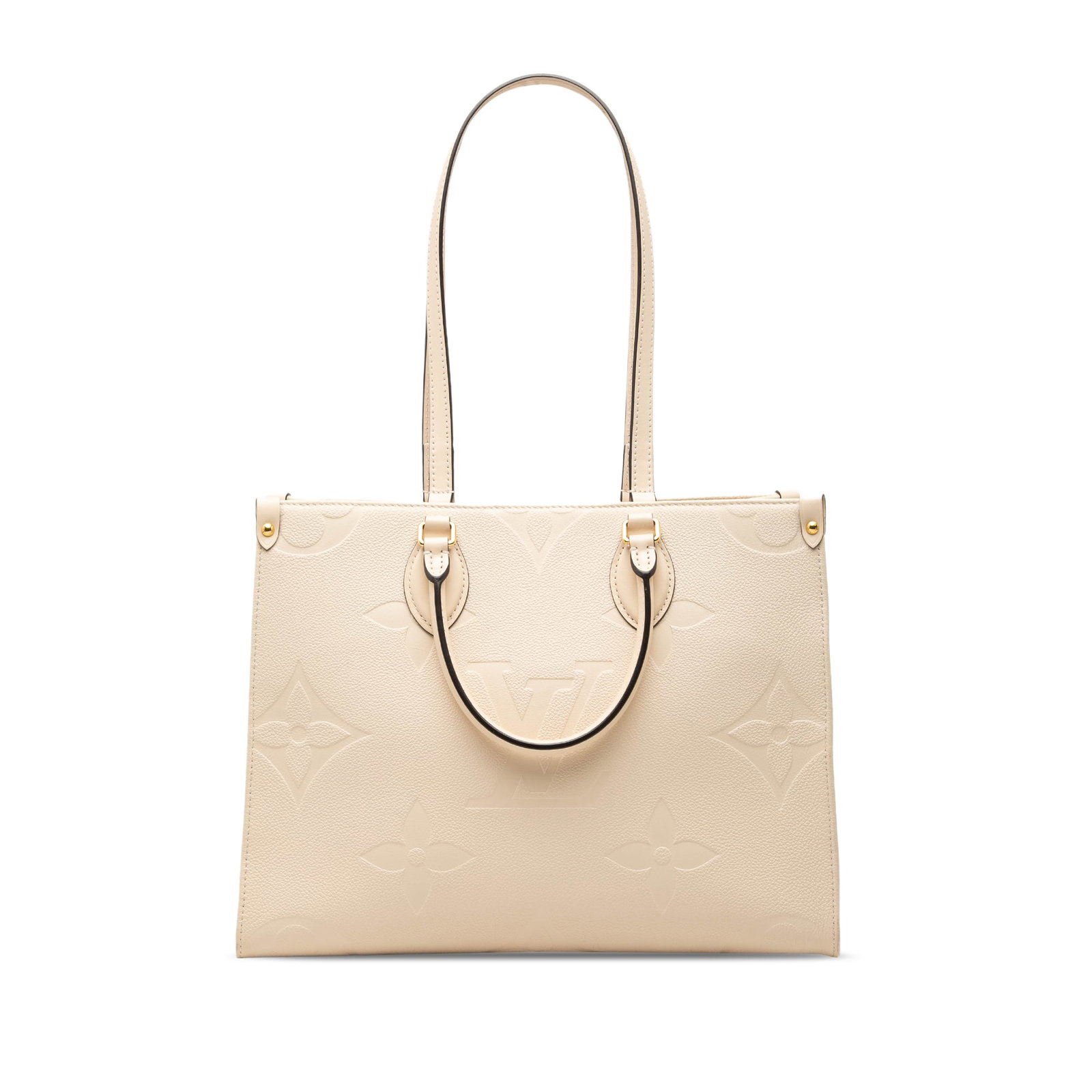 Louis Vuitton OnTheGo MM Monogram Empreinte Leather Tote: Louis Vuitton OnTheGo MM Monogram Empreinte Leather Tote Louis Vuitton Monogram Empreinte OnTheGo MM tote bag crafted in brown leather with rolled leather handles and flat shoulder straps. The design 