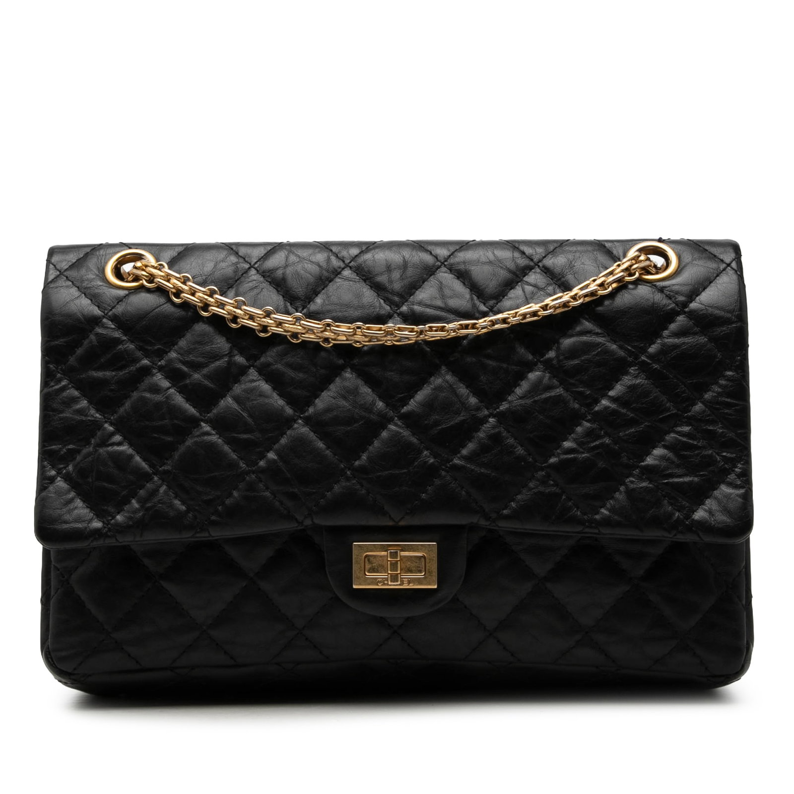 Chanel Reissue 2.55 226 Quilted Aged Calfskin Double Flap Shoulder Bag: Chanel Reissue 2.55 226 Quilted Aged Calfskin Double Flap Shoulder Bag Chanel Quilted Aged Calfskin Reissue 2.55 Double Flap 226 shoulder bag in black leather, made in Italy. It features an aged calfs