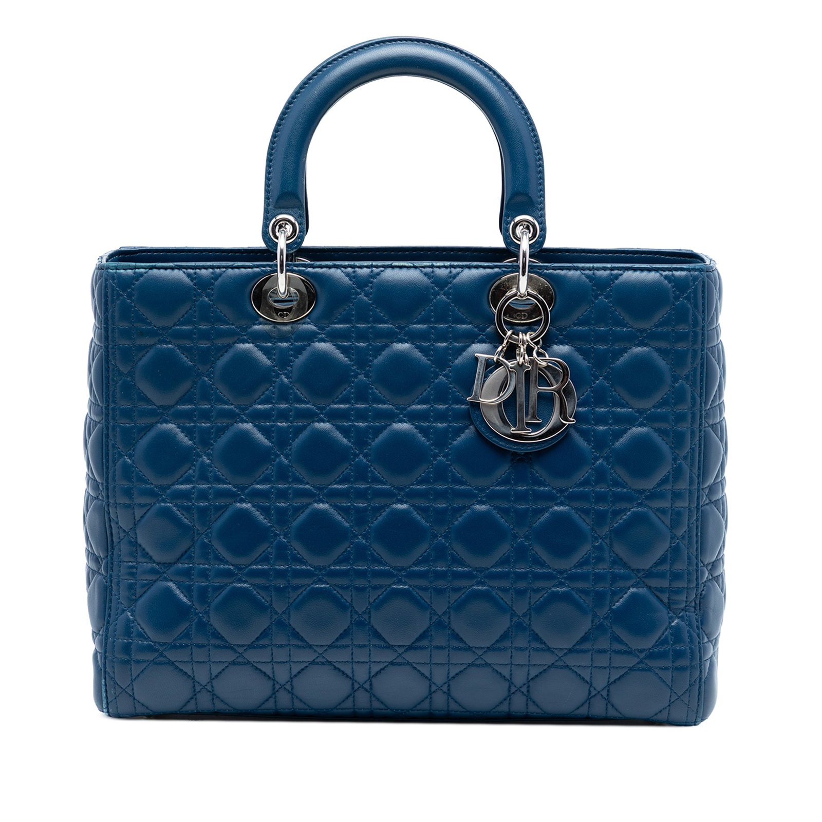 Dior Lady Cannage Lambskin Blue Tote Bag: Dior Lady Cannage Lambskin Blue Tote Bag This Lady Dior handbag showcases a quilted lambskin leather exterior in blue, complemented by silver-tone hardware. It features flat leather top handles, a det
