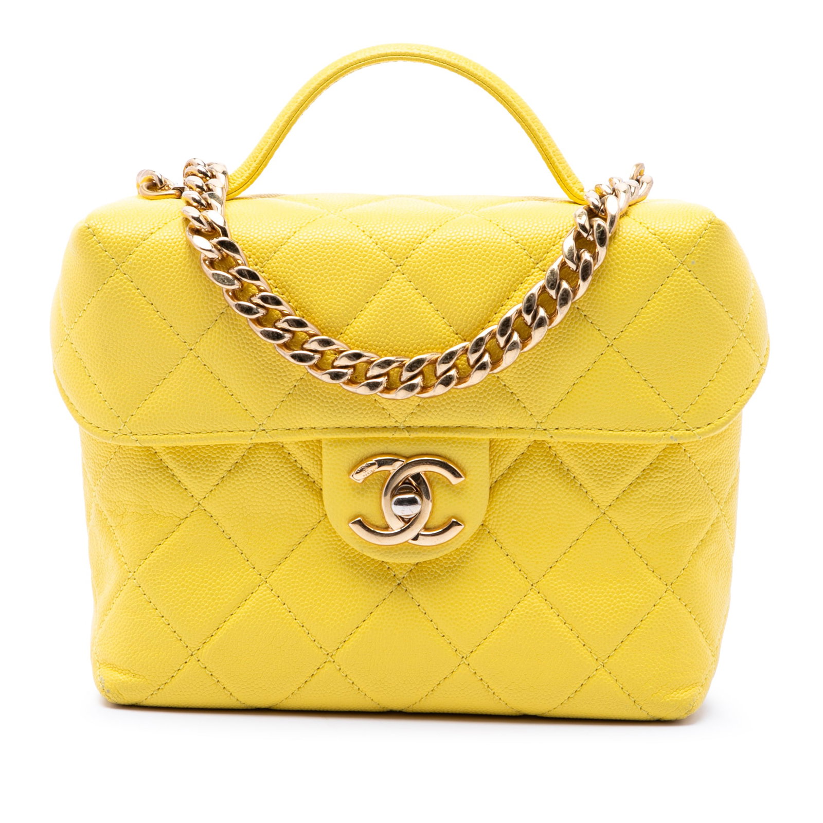 Chanel Handy Box Vanity Case Yellow Quilted Caviar Leather Bag: Chanel Handy Box Vanity Case Yellow Quilted Caviar Leather Bag A Chanel satchel in yellow quilted caviar leather, made in Italy. It features a flat leather top handle, a curb chain link with adjustabl