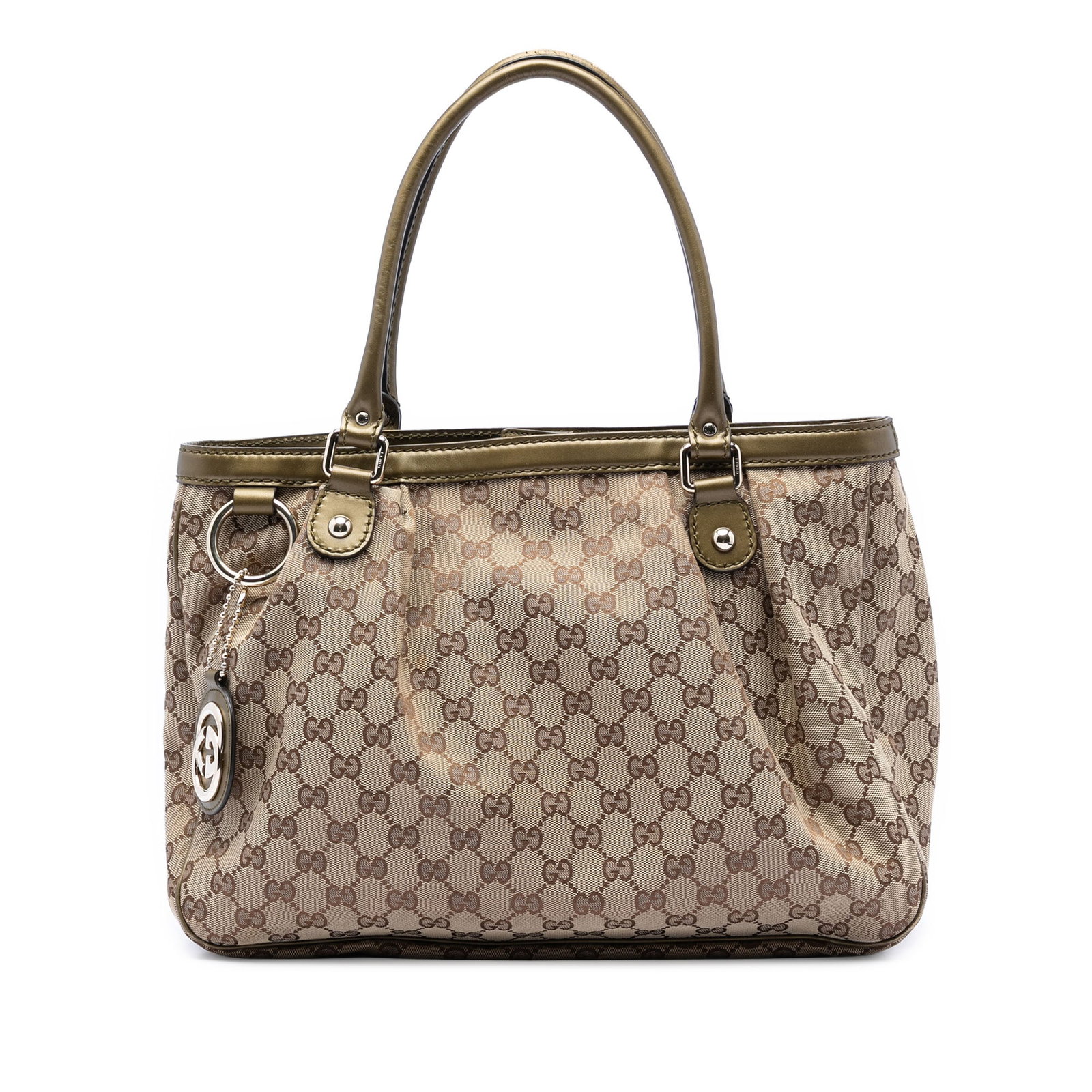 Gucci Sukey Tote Beige GG Canvas and Leather Trim Bag: Gucci Sukey Tote Beige GG Canvas and Leather Trim Bag Gucci Sukey tote bag in GG canvas with leather trim and rolled leather handles. The bag features an open top with magnetic snap button closure, an