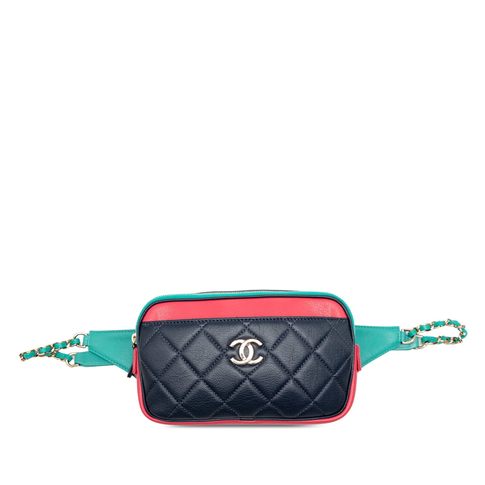 Chanel In and Out Tricolor Quilted Goatskin Belt Bag: Chanel In and Out Tricolor Quilted Goatskin Belt Bag Chanel In and Out belt bag crafted in tricolor quilted goatskin leather. This design features a leather-woven chain link, an adjustable leather wai