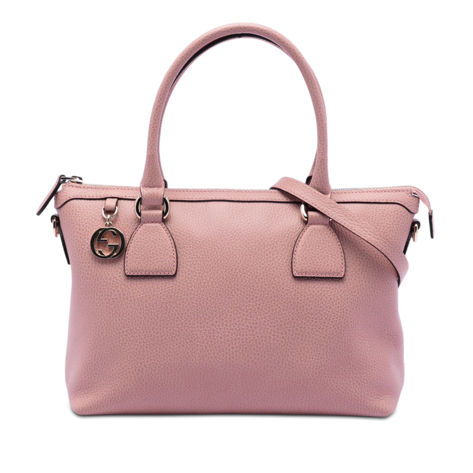 Pink Gucci Dollar Calfskin Leather Satchel with GG Charm and Removable Strap: Pink Gucci Dollar Calfskin Leather Satchel with GG Charm and Removable Strap This Gucci Dollar Calfskin GG Charm Satchel features a pink leather body with rolled leather handles and a detachable flat 
