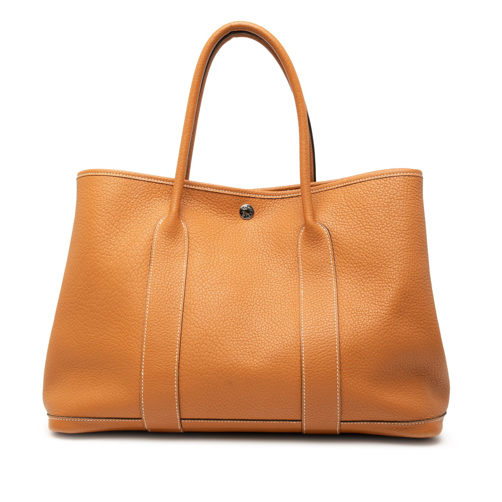 Hermes Garden Party 36 Negonda Toffee Leather Handbag: Hermes Garden Party 36 Negonda Toffee Leather Handbag The Hermes Negonda Garden Party 36 is crafted from Negonda leather in a Toffee brown color. It features rolled leather handles and a top snap butt