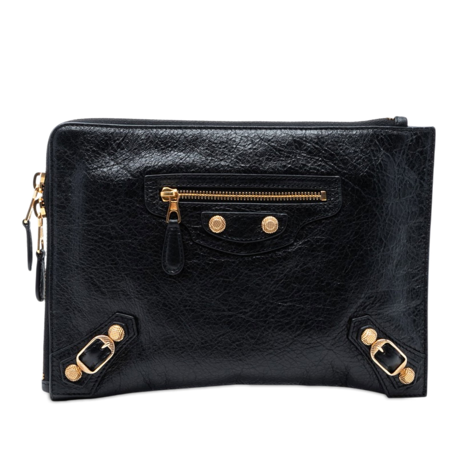 Balenciaga black lambskin studded zip clutch with front pocket: Balenciaga black lambskin studded zip clutch with front pocket This Balenciaga Lambskin Motocross Giant 12 Zip Around Flat Clutch is crafted from black lambskin leather and features signature stud det