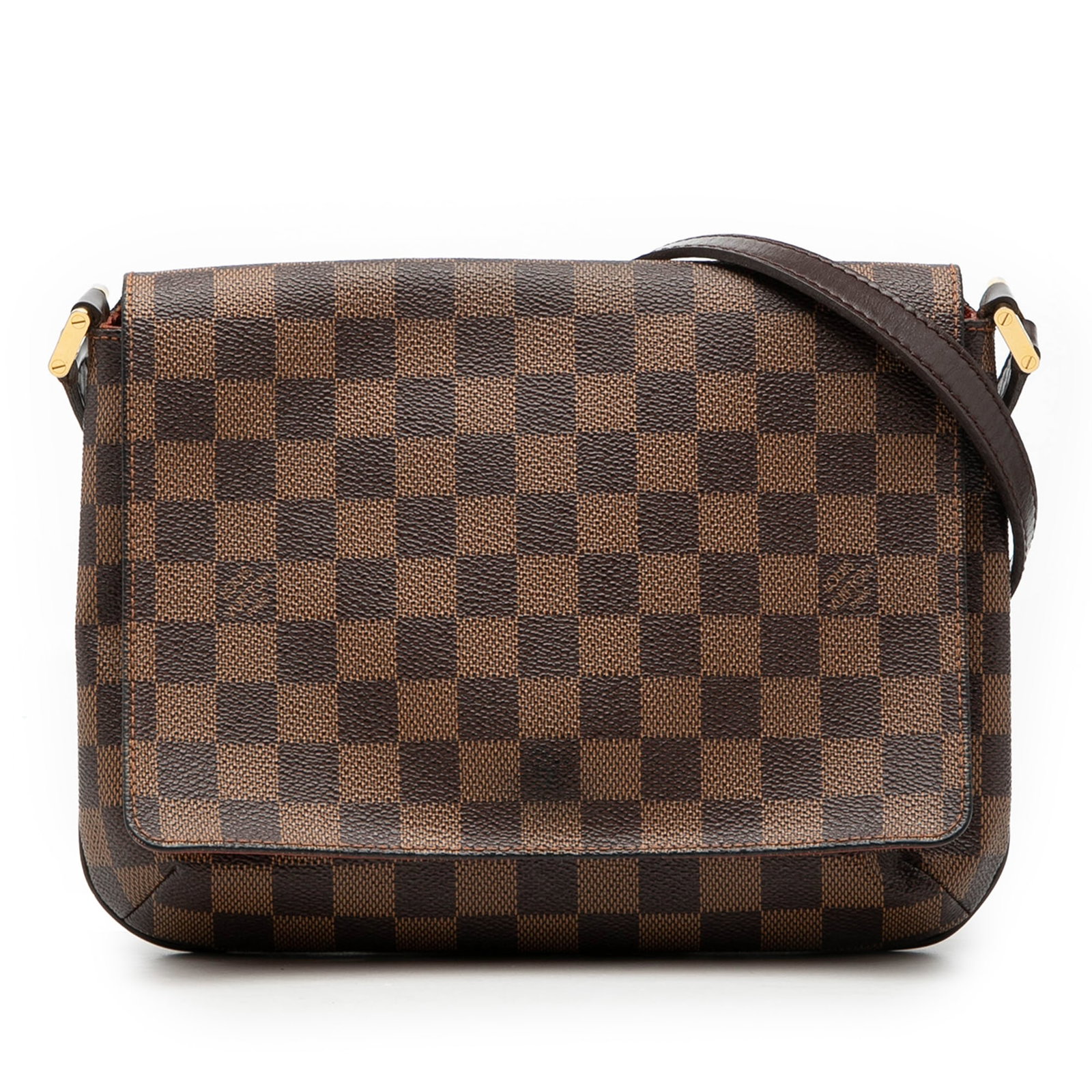 Louis Vuitton Damier Ebene canvas flap shoulder bag: Louis Vuitton Damier Ebene canvas flap shoulder bag This Louis Vuitton Damier Ebene Musette Tango Long Strap bag features the iconic damier ebene canvas with leather trim and a flat leather shoulder s