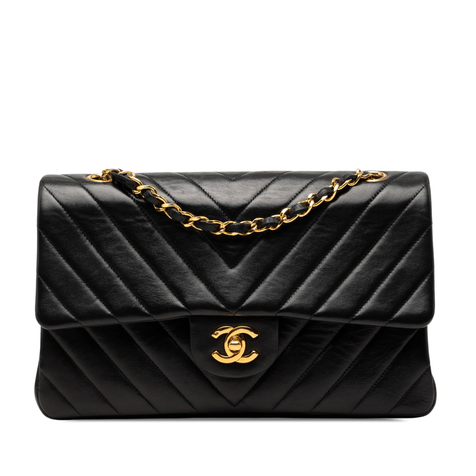 Chanel Medium Classic Double Flap Shoulder Bag Chevron Calfskin Black: Chanel Medium Classic Double Flap Shoulder Bag Chevron Calfskin Black Medium Classic Chevron Crumpled Calfskin Double Flap shoulder bag in black leather. This bag features a leather-woven chain link s