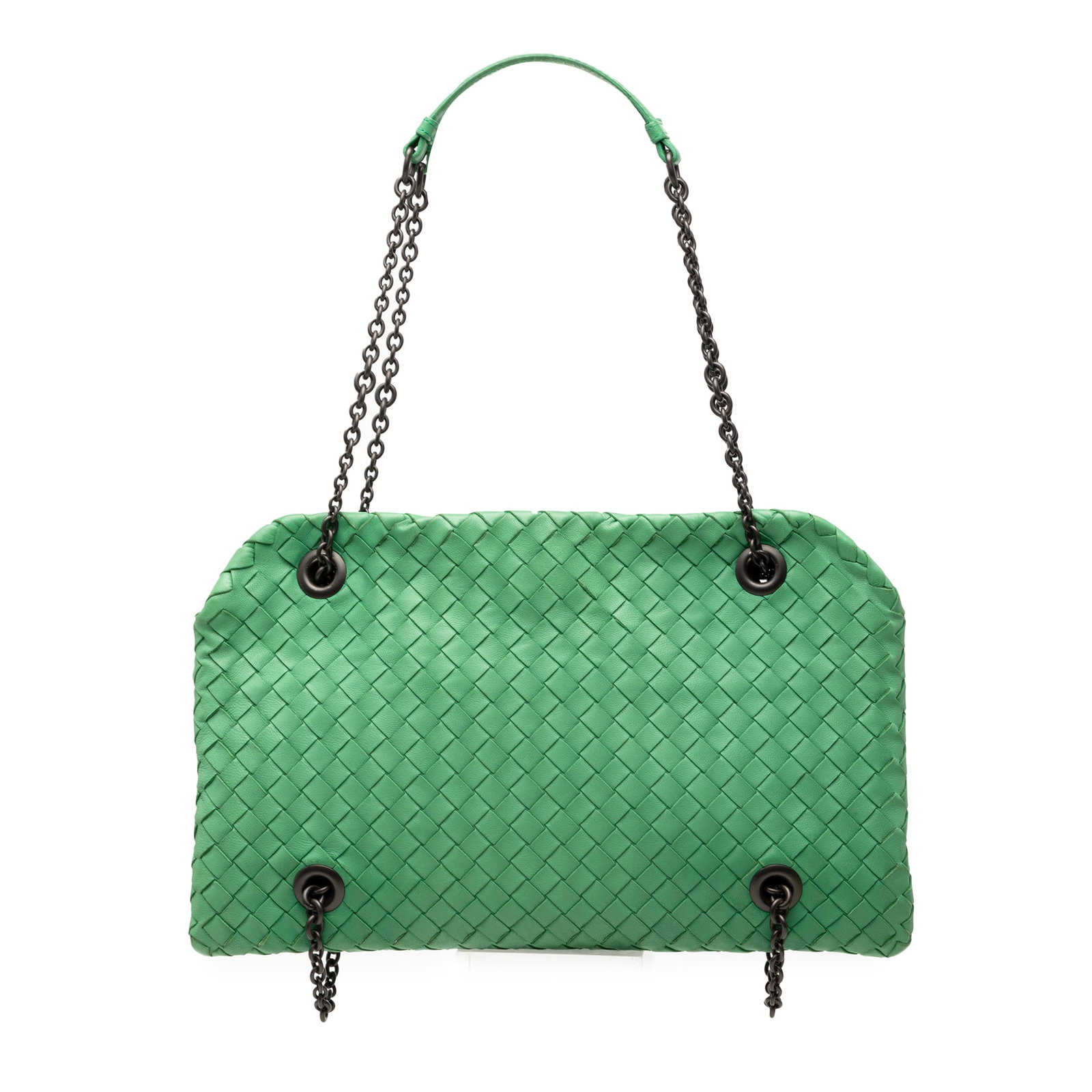 Bottega Veneta green woven nappa leather Duo shoulder bag: Bottega Veneta green woven nappa leather Duo shoulder bag This Bottega Veneta Nappa Intrecciato Duo Shoulder Bag features a signature woven nappa leather body in green, complemented by chain link stra