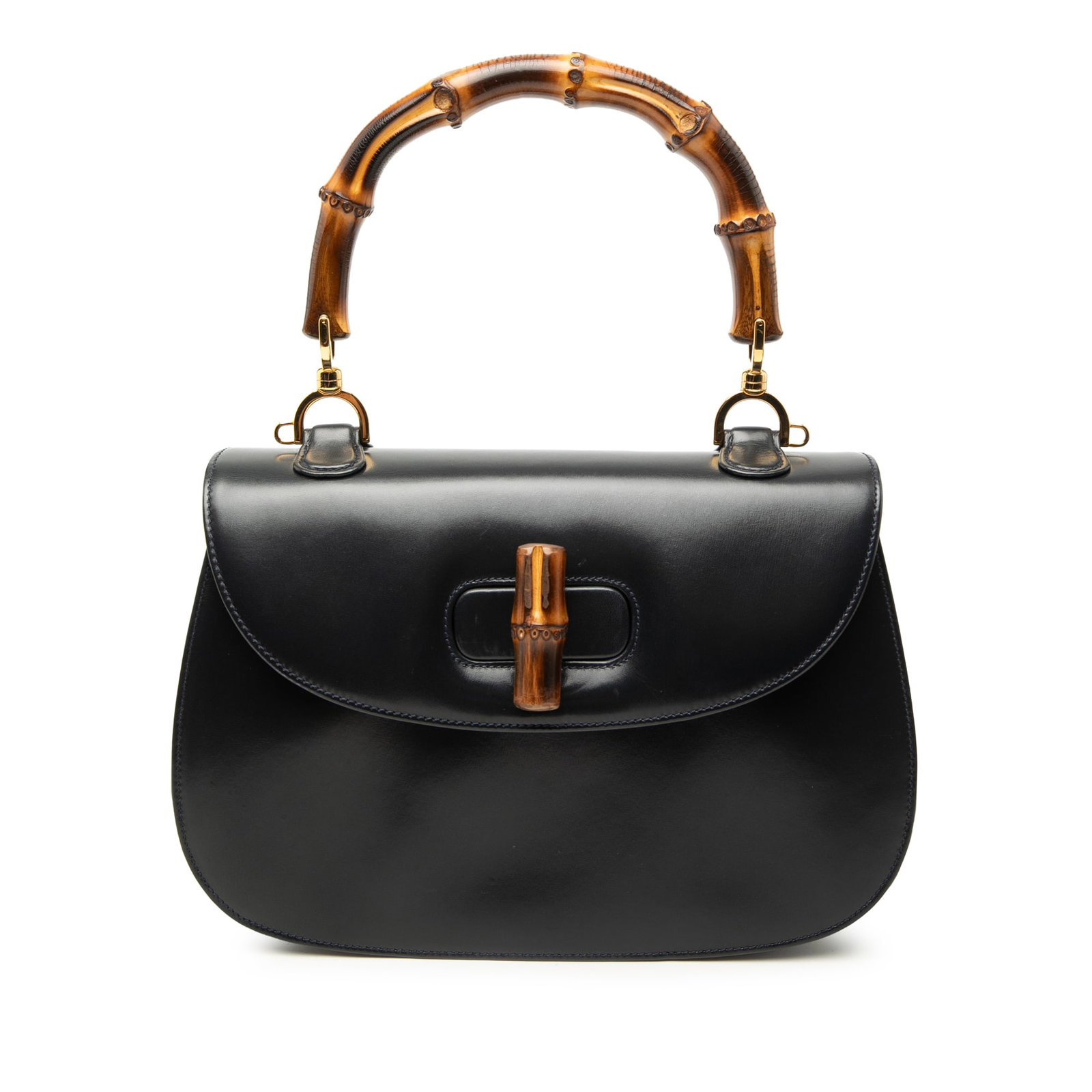 Gucci Bamboo Night black leather top handle flap bag: Gucci Bamboo Night black leather top handle flap bag Gucci Calfskin Bamboo Night handbag crafted in black leather with a bamboo top handle and a flap closure with bamboo turn lock. The interior includ