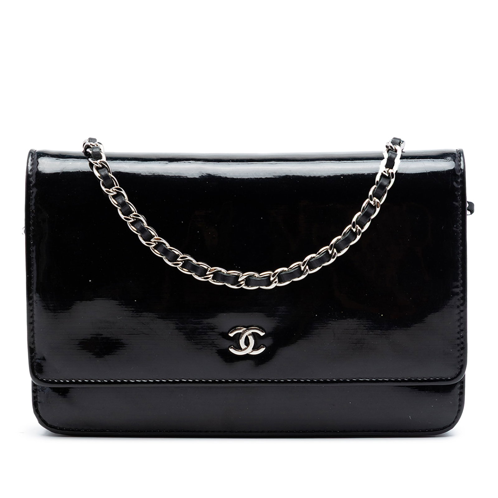 Chanel CC Wallet On Chain Patent Leather Shoulder Bag Black: Chanel CC Wallet On Chain Patent Leather Shoulder Bag Black Chanel CC Patent Wallet On Chain in black, made with a patent leather body and a leather woven chain link shoulder strap. It features a fron