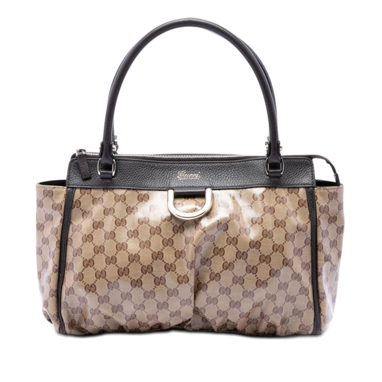 Gucci Abbey D Ring Tote Beige GG Crystal Coated Canvas: Gucci Abbey D Ring Tote Beige GG Crystal Coated Canvas Gucci GG Crystal Abbey D Ring Tote in beige, made in Italy. This tote bag features a coated canvas body with leather trim, rolled leather handles