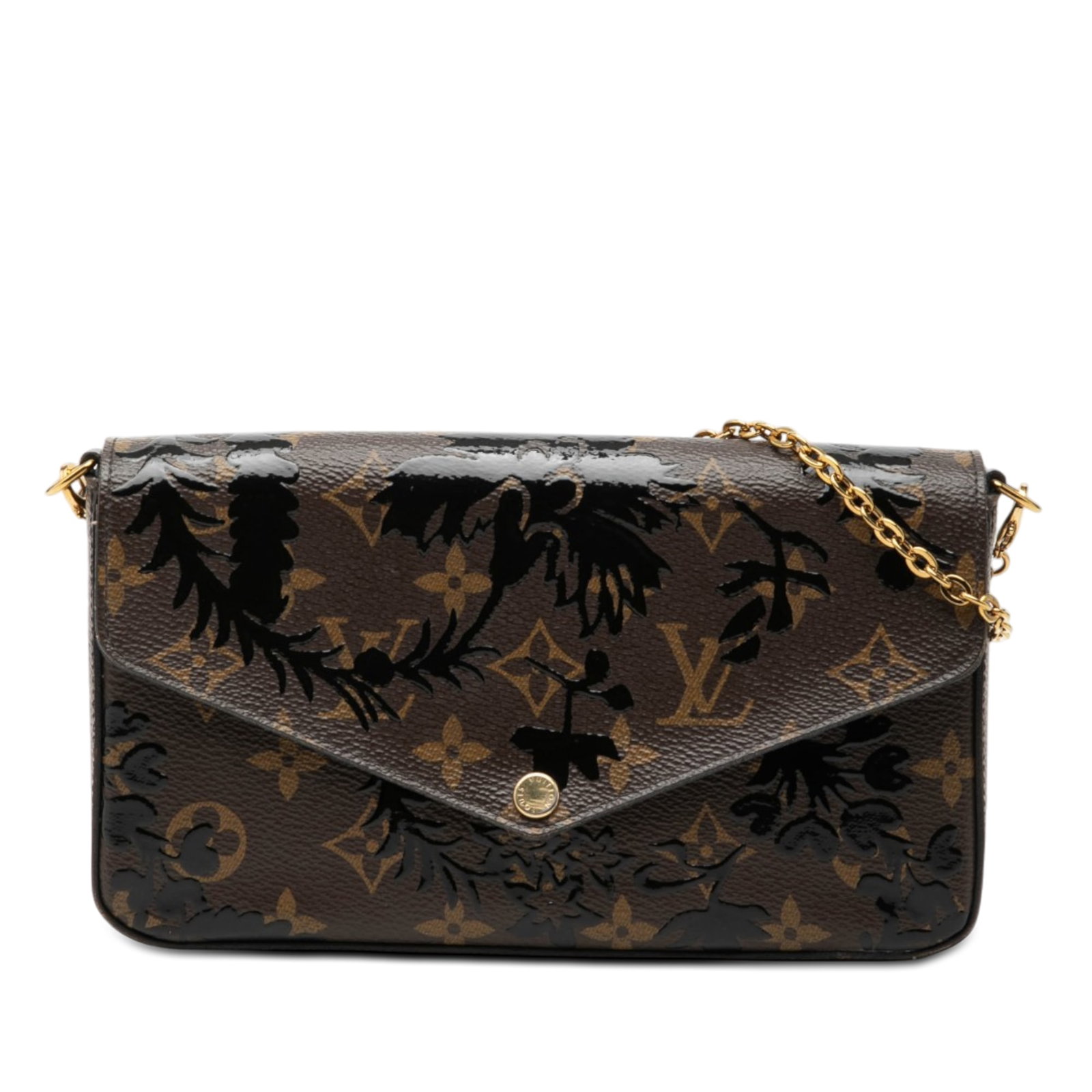 Louis Vuitton Monogram Blossom Felicie Pochette Chain Shoulder Bag: Louis Vuitton Monogram Blossom Felicie Pochette Chain Shoulder Bag Louis Vuitton Monogram Blossom Pochette Felicie in brown fabric with a monogram canvas body, detachable chain strap, front flap with 