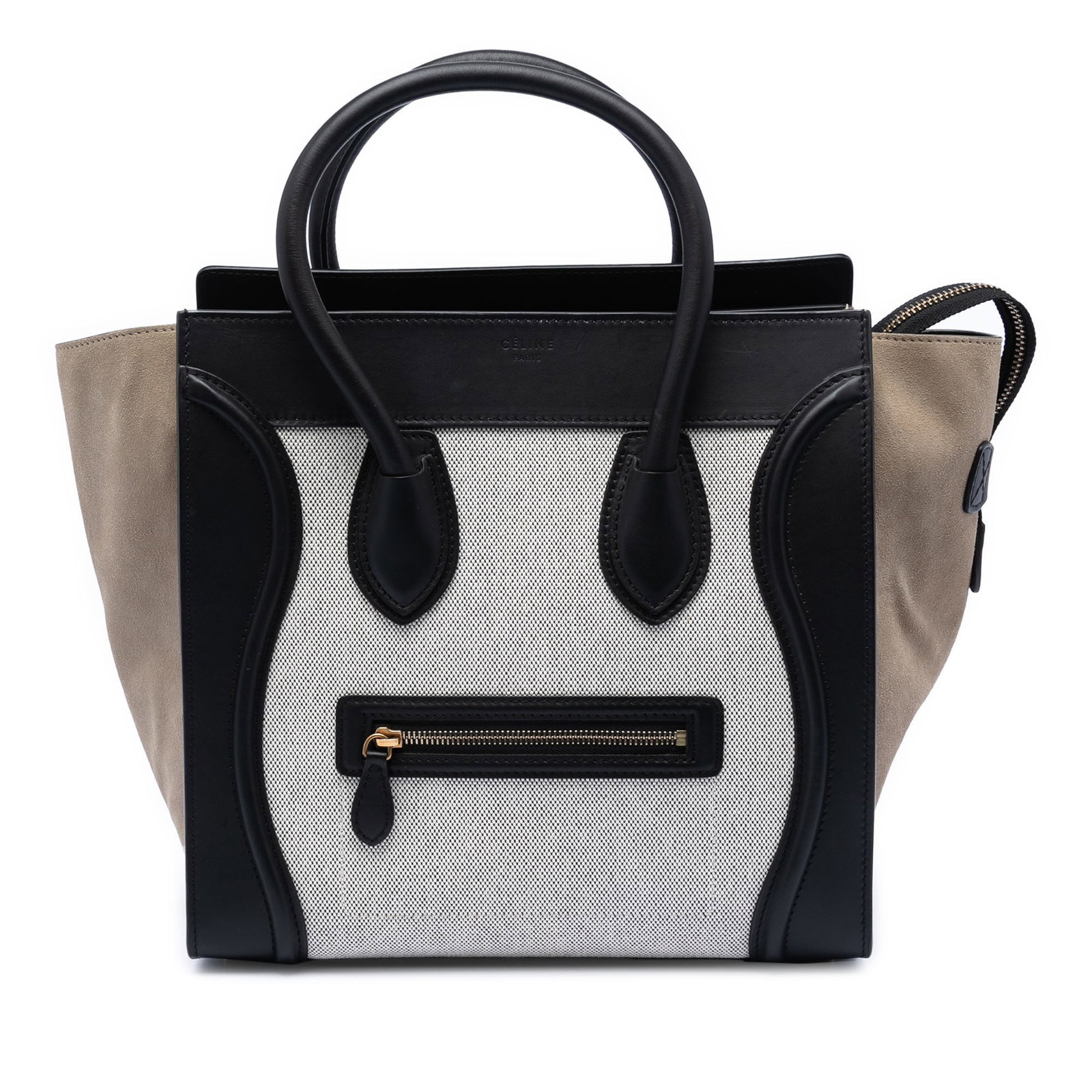 Celine Tricolor Mini Luggage Tote Canvas Suede: Celine Tricolor Mini Luggage Tote Canvas Suede This Celine Mini Canvas and Suede Tricolor Luggage Tote showcases a combination of canvas and suede leather with rolled leather handles. It features a to