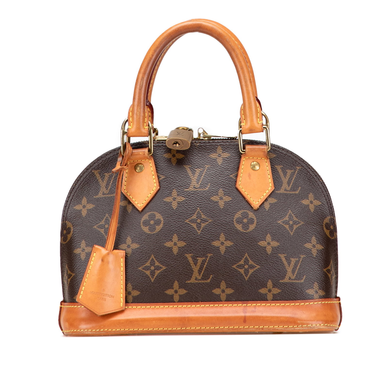 Louis Vuitton Monogram Alma BB Bag with Vachetta Leather Trim: Louis Vuitton Monogram Alma BB Bag with Vachetta Leather Trim This Louis Vuitton Monogram Alma BB bag showcases a classic monogram canvas body complemented by vachetta leather accents, including the b
