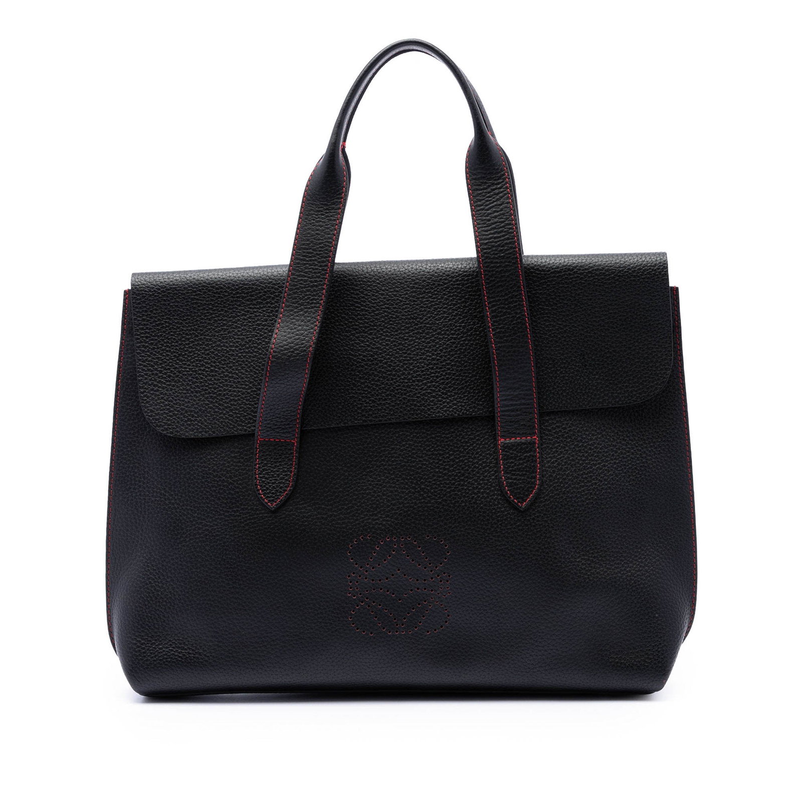 LOEWE Anagram Black Leather Business Briefcase: LOEWE Anagram Black Leather Business Briefcase A black LOEWE business bag crafted in grained calfskin leather, designed as a briefcase with flat leather handles, a front flap with magnetic closure, an