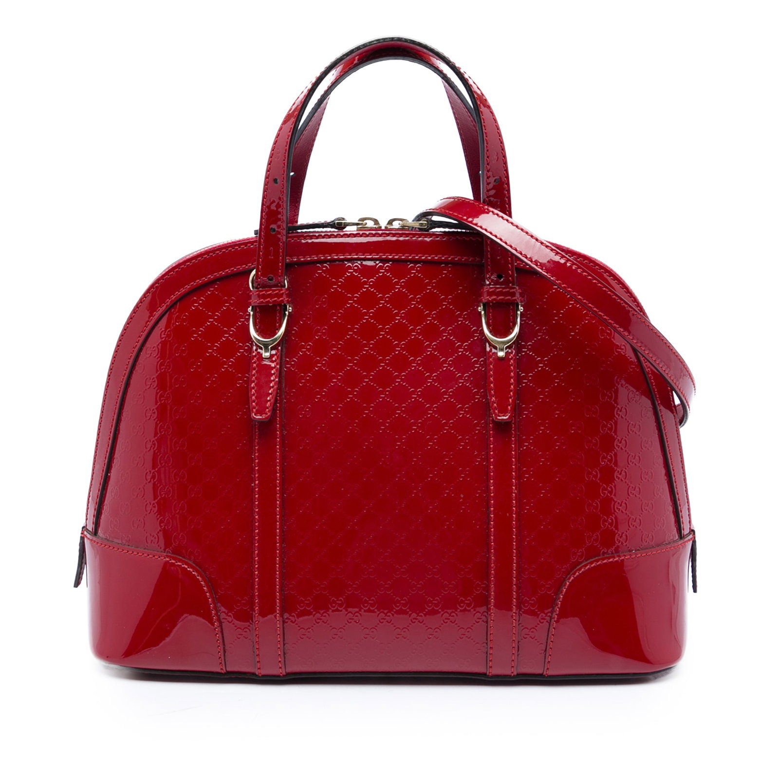 Gucci Nice Dome Small Satchel in Red Patent Leather: Gucci Nice Dome Small Satchel in Red Patent Leather Gucci Small Microguccissima Nice dome satchel in red patent leather with flat leather handles, a detachable strap, top zip closure, and interior sli