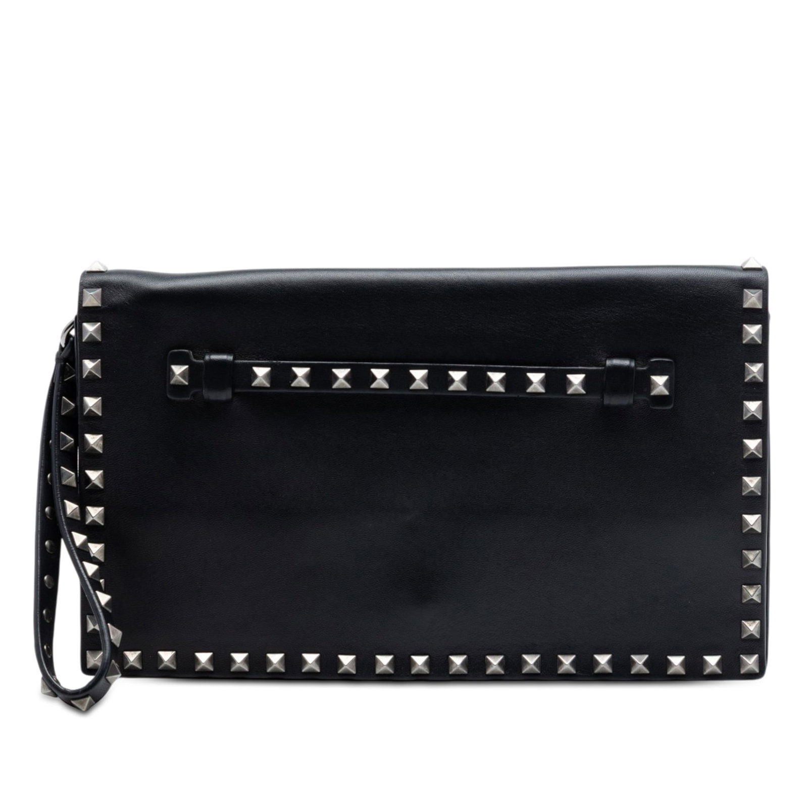 Valentino Rockstud Nappa Leather Wristlet Clutch Bag Black: Valentino Rockstud Nappa Leather Wristlet Clutch Bag Black Valentino Nappa Rockstud wristlet clutch in black leather with metal studs. The design features a leather grip strap with studs, a detachable