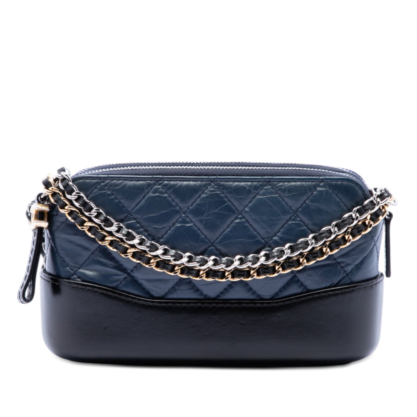 Chanel Gabrielle Double Zip Chain Clutch Bicolor Aged Calfskin: Chanel Gabrielle Double Zip Chain Clutch Bicolor Aged Calfskin A Chanel Gabrielle crossbody bag in bicolor aged calfskin with a leather body, leather-woven chain straps, and dual top zip closures. It 