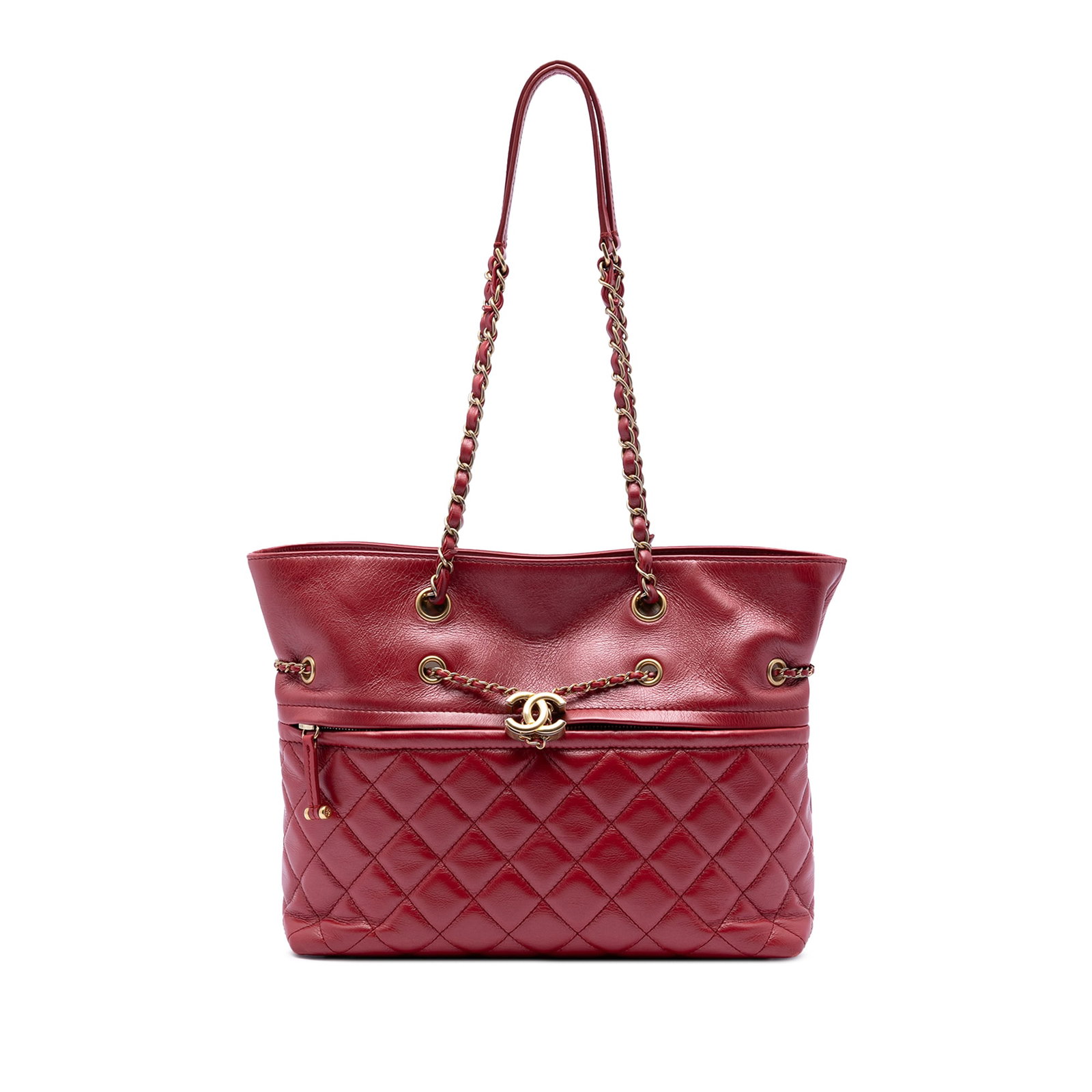 Chanel CC Quilted Calfskin Chain Tote Bag Red Drawstring Zip Front: Chanel CC Quilted Calfskin Chain Tote Bag Red Drawstring Zip Front A Chanel CC quilted calfskin tote in red with a front zip pocket and drawstring top closure. This bag features a quilted calf leather