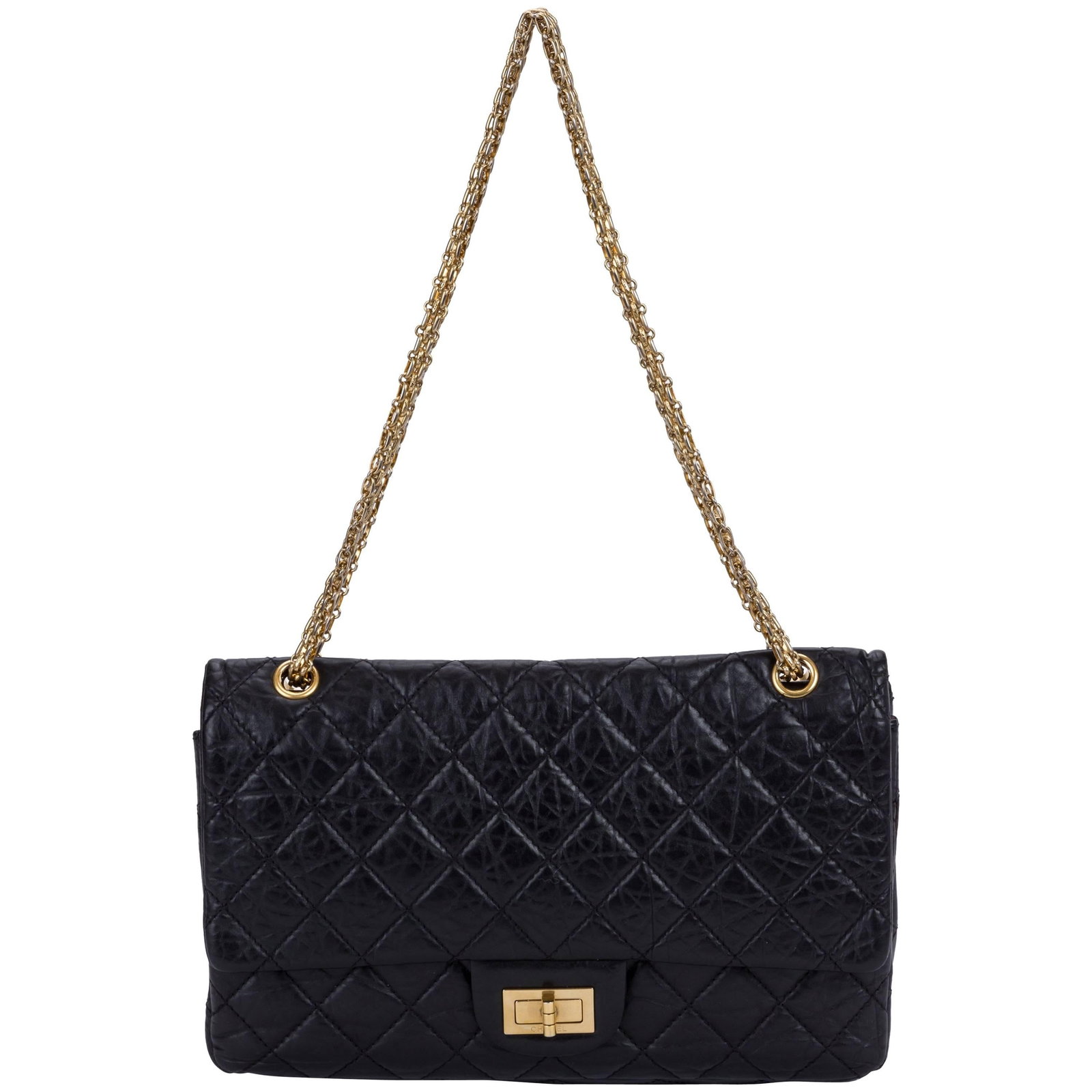 Chanel Black Distressed Jumbo Flap Bag with Gold Tone Hardware: Chanel Black Distressed Jumbo Flap Bag with Gold Tone Hardware Introducing the Chanel Black Distressed Reissue Jumbo Bag, a luxurious addition to your collection. This iconic bag features a classic fl
