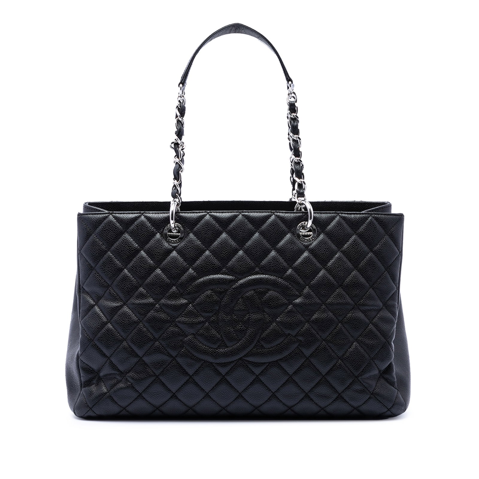Chanel Caviar Leather Grand Shopping Tote XL Black: Chanel Caviar Leather Grand Shopping Tote XL Black This Chanel Caviar Grand Shopping Tote XL features a quilted caviar leather body in black, complemented by chain link straps with a leather guard. Th