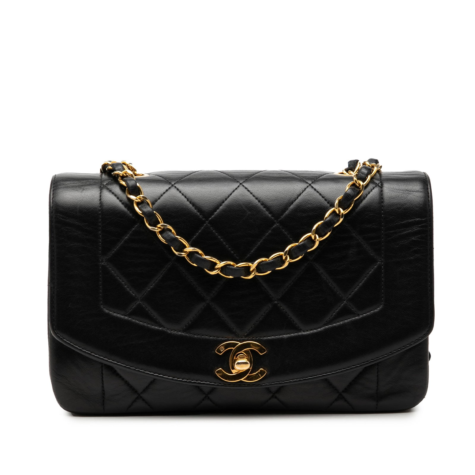 Chanel Diana Flap Small Black Lambskin Crossbody Bag: Chanel Diana Flap Small Black Lambskin Crossbody Bag A Chanel Small Lambskin Diana Flap crossbody bag crafted in quilted black lambskin leather. This bag features a leather-woven chain shoulder strap,