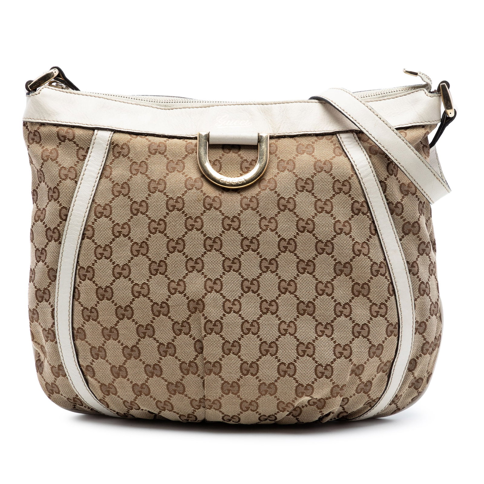 Gucci Abbey D Ring Beige Canvas Crossbody Bag: Gucci Abbey D Ring Beige Canvas Crossbody Bag This Gucci GG Canvas Abbey D Ring Crossbody bag features a beige canvas body with leather trim, a flat leather strap, a top zip closure, and an interior z